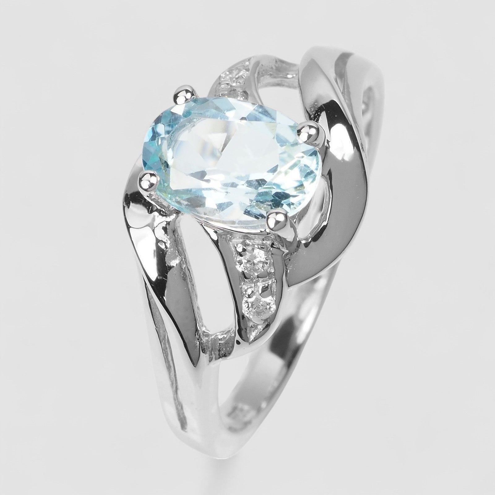 BLUE AQUAMARINE 925 STERLING SILVER WHITE GOLD PLATED RING