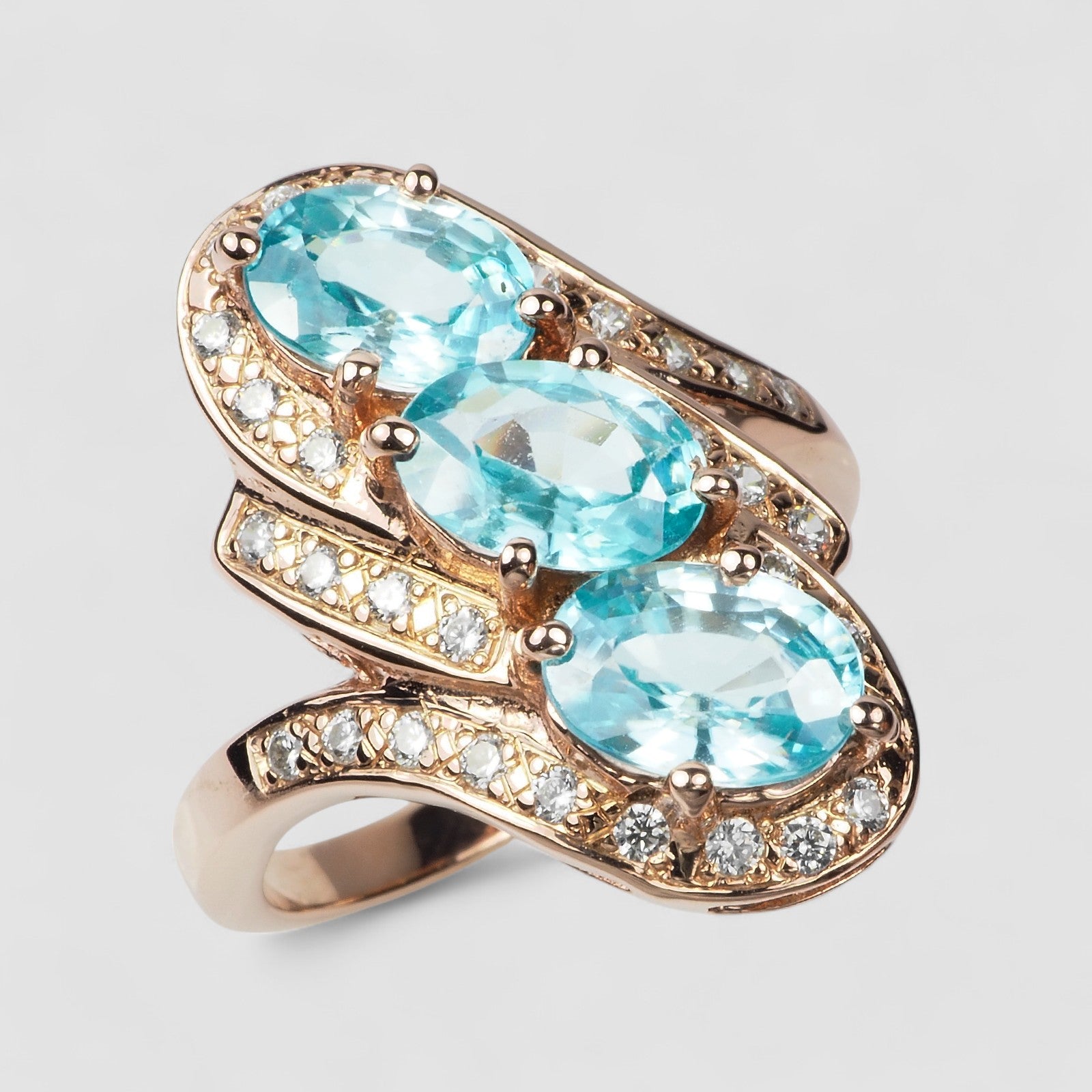 ROSE GOLD PLATED 925 STERLING SILVER TRIPLE STONE BLUE ZIRCON RING