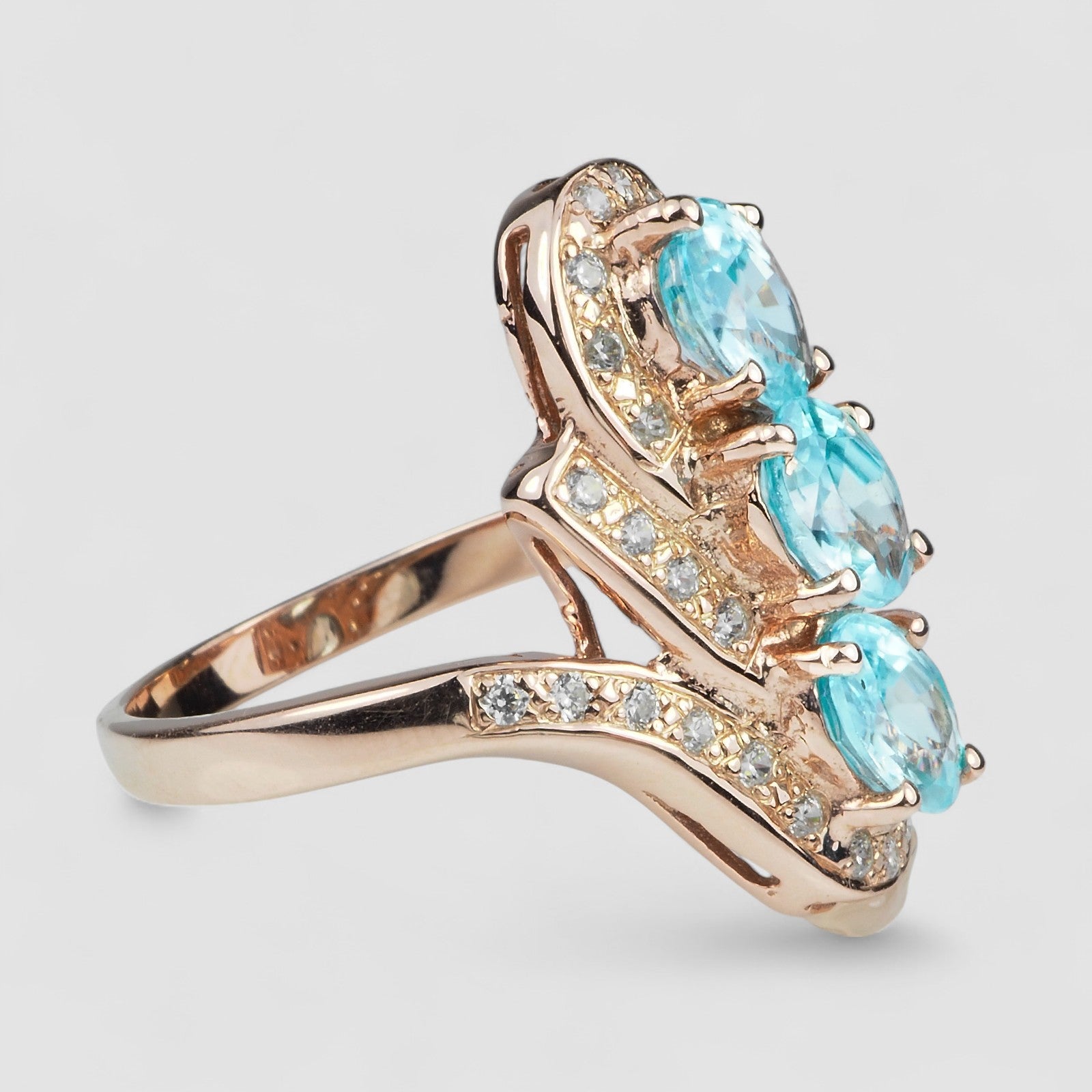 ROSE GOLD PLATED 925 STERLING SILVER TRIPLE STONE BLUE ZIRCON RING