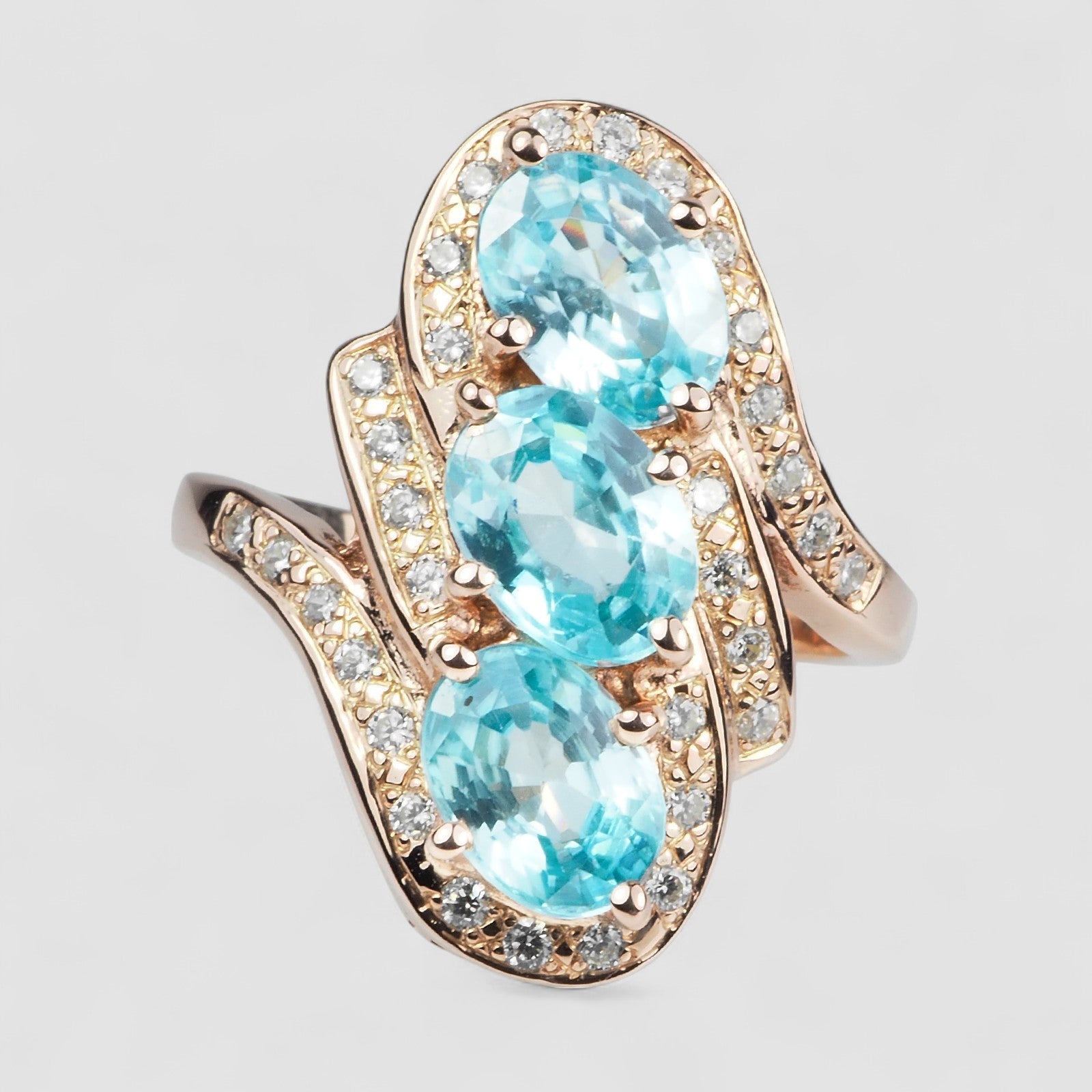ROSE GOLD PLATED 925 STERLING SILVER TRIPLE STONE BLUE ZIRCON RING