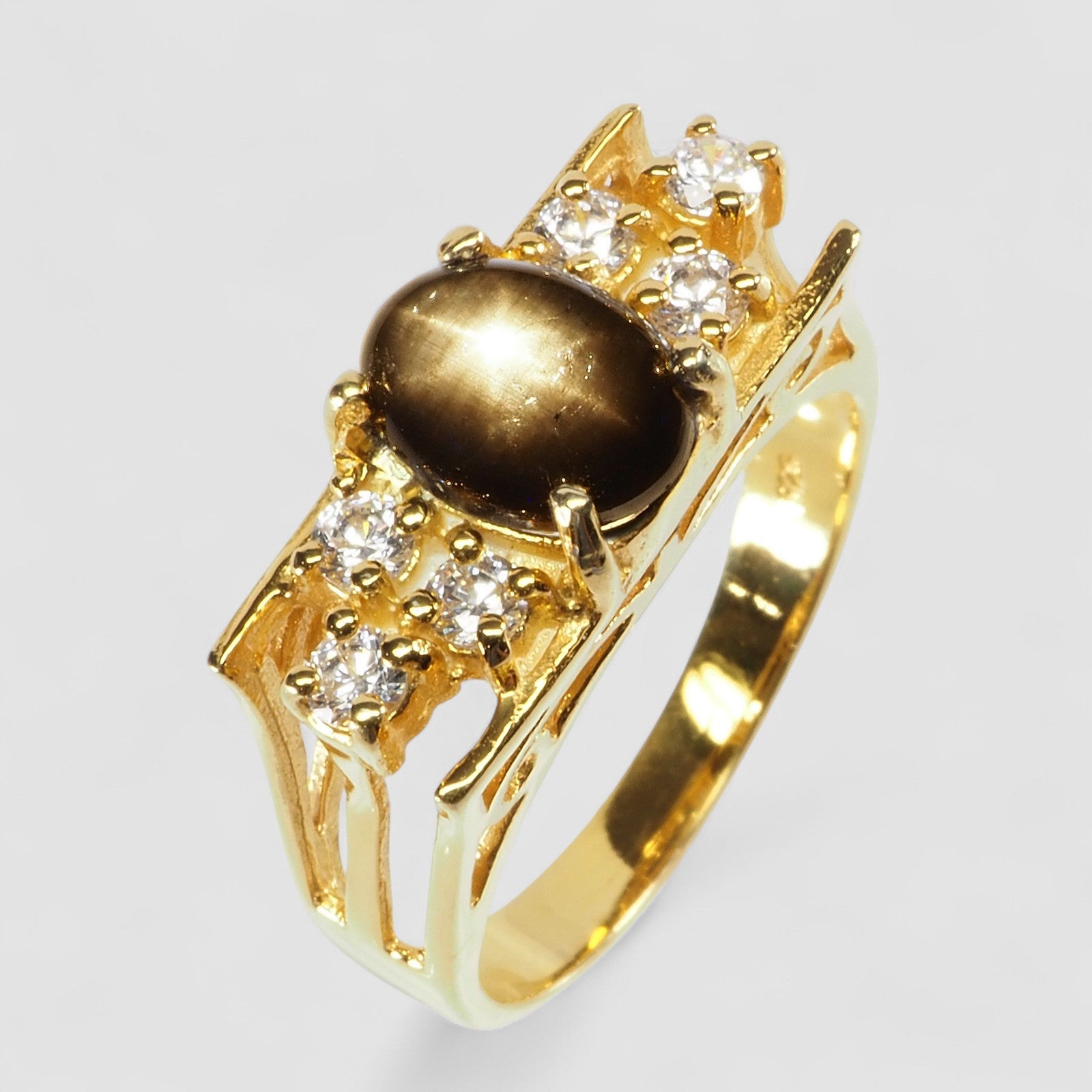 24K YELLOW GOLD PLATED 925 STERLING SILVER BLACK STAR SAPPHIRE RING