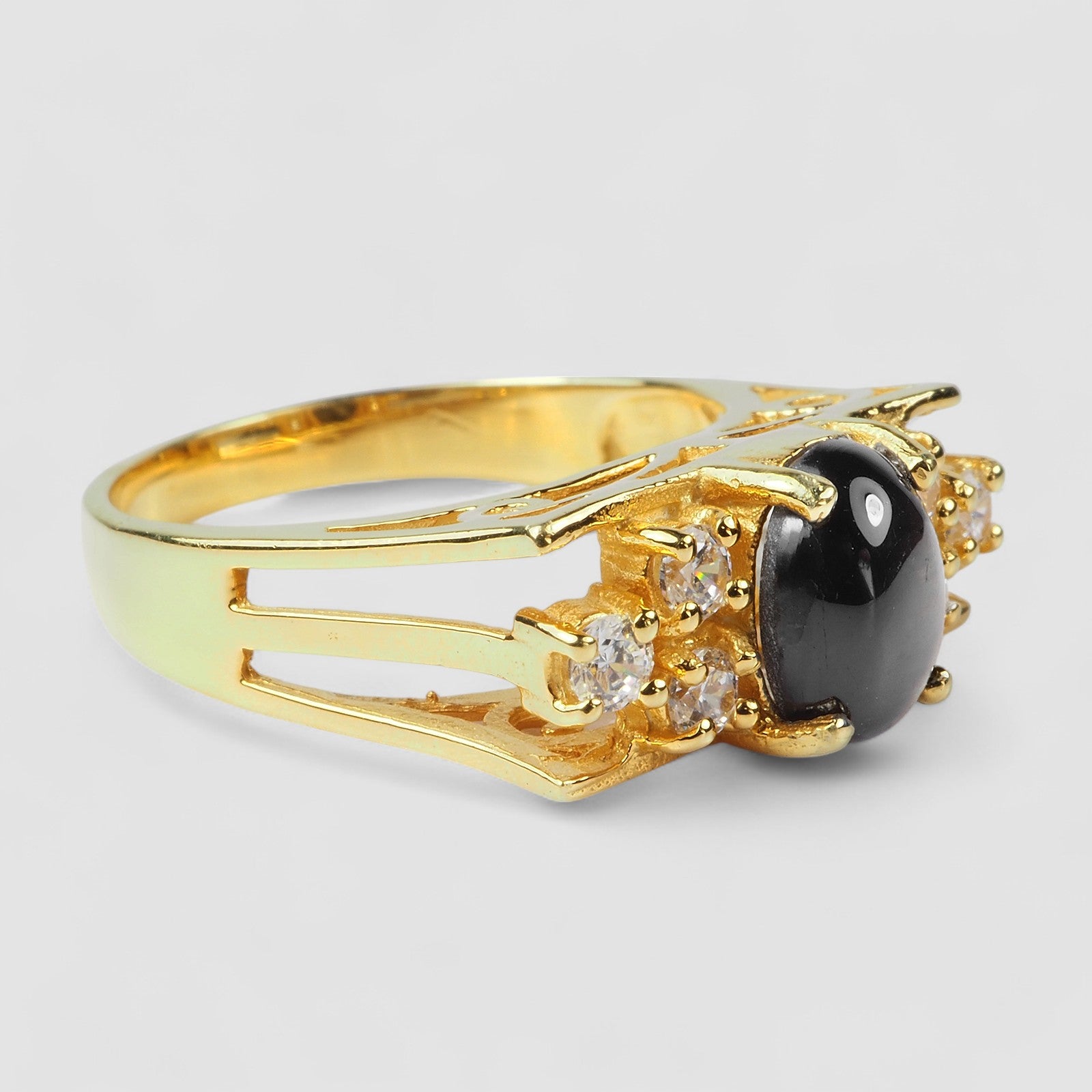 24K YELLOW GOLD PLATED 925 STERLING SILVER BLACK STAR SAPPHIRE RING