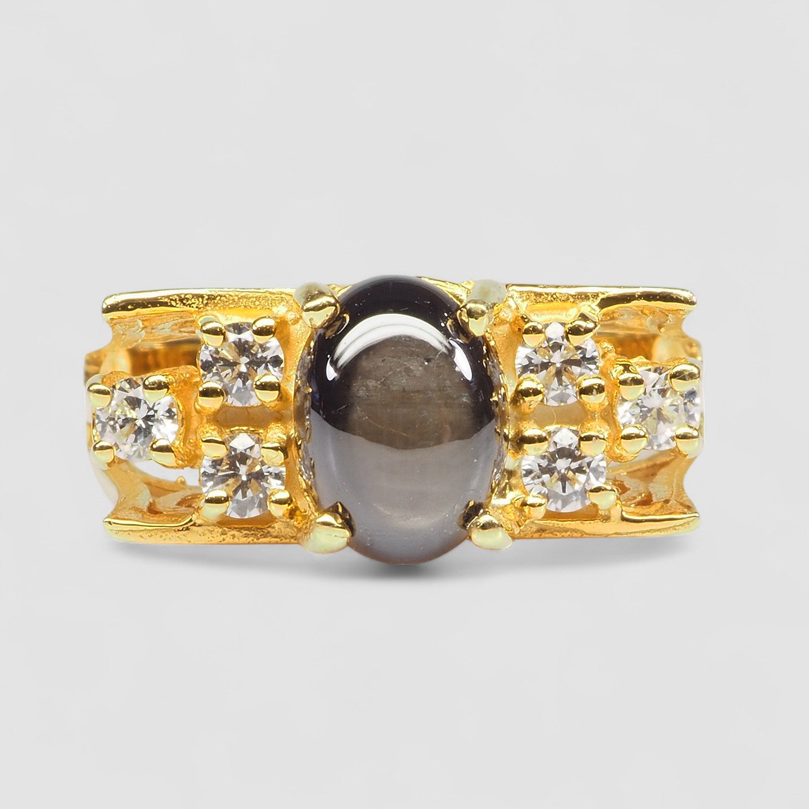 24K YELLOW GOLD PLATED 925 STERLING SILVER BLACK STAR SAPPHIRE RING