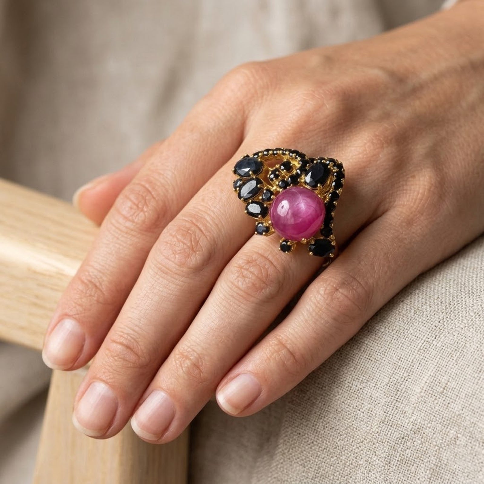 Pink Ruby 925 Sterling Silver 24K Gold Rings, Birthday Gift, Dainty Ring
