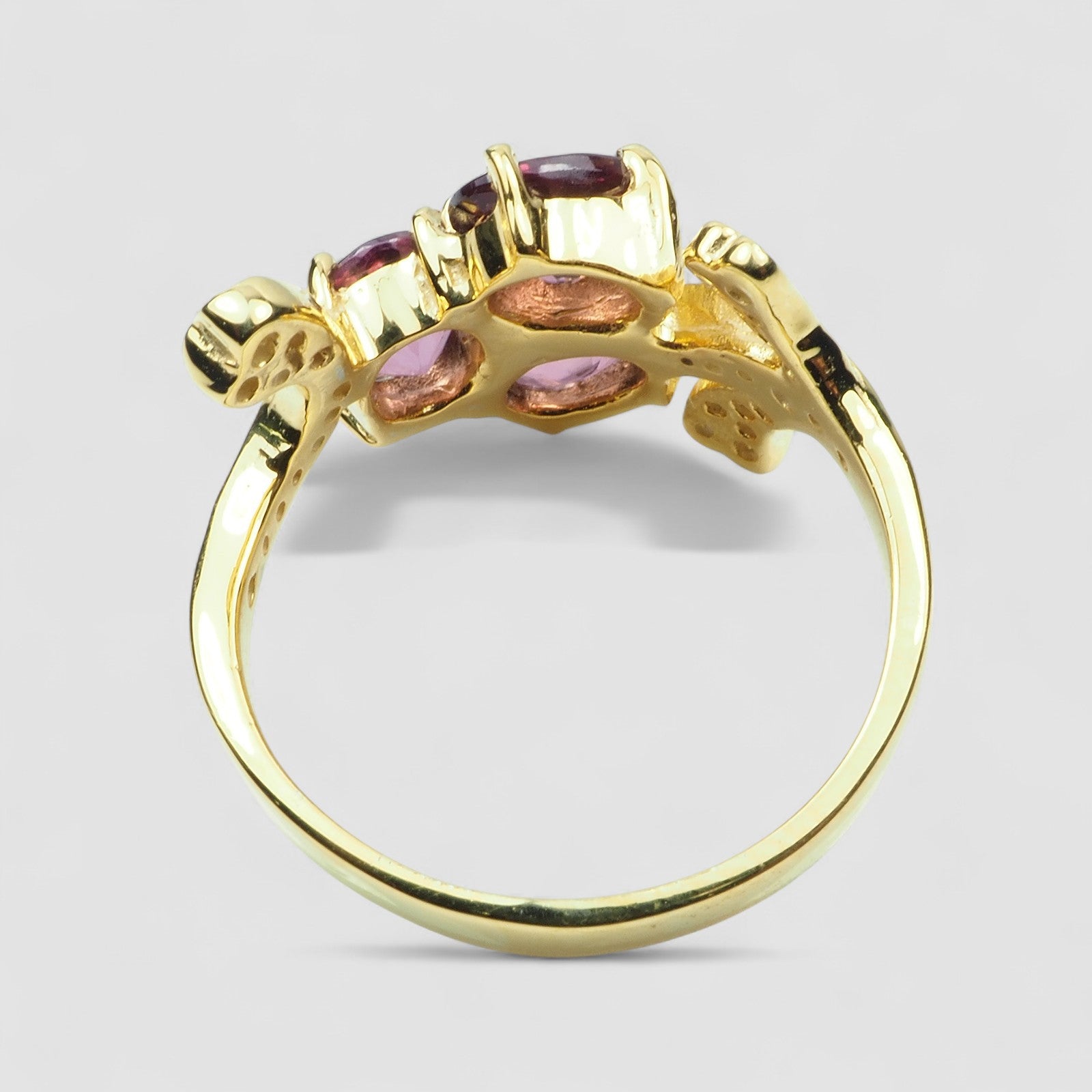 Three Stone Pink Spinel 925 Sterling Silver 24K Gold Ring
