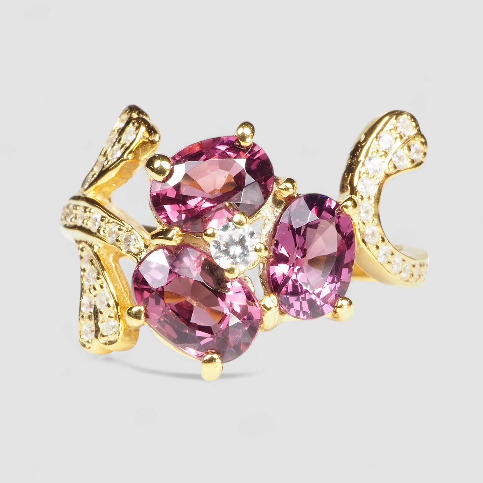 Three Stone Pink Spinel 925 Sterling Silver 24K Gold Ring