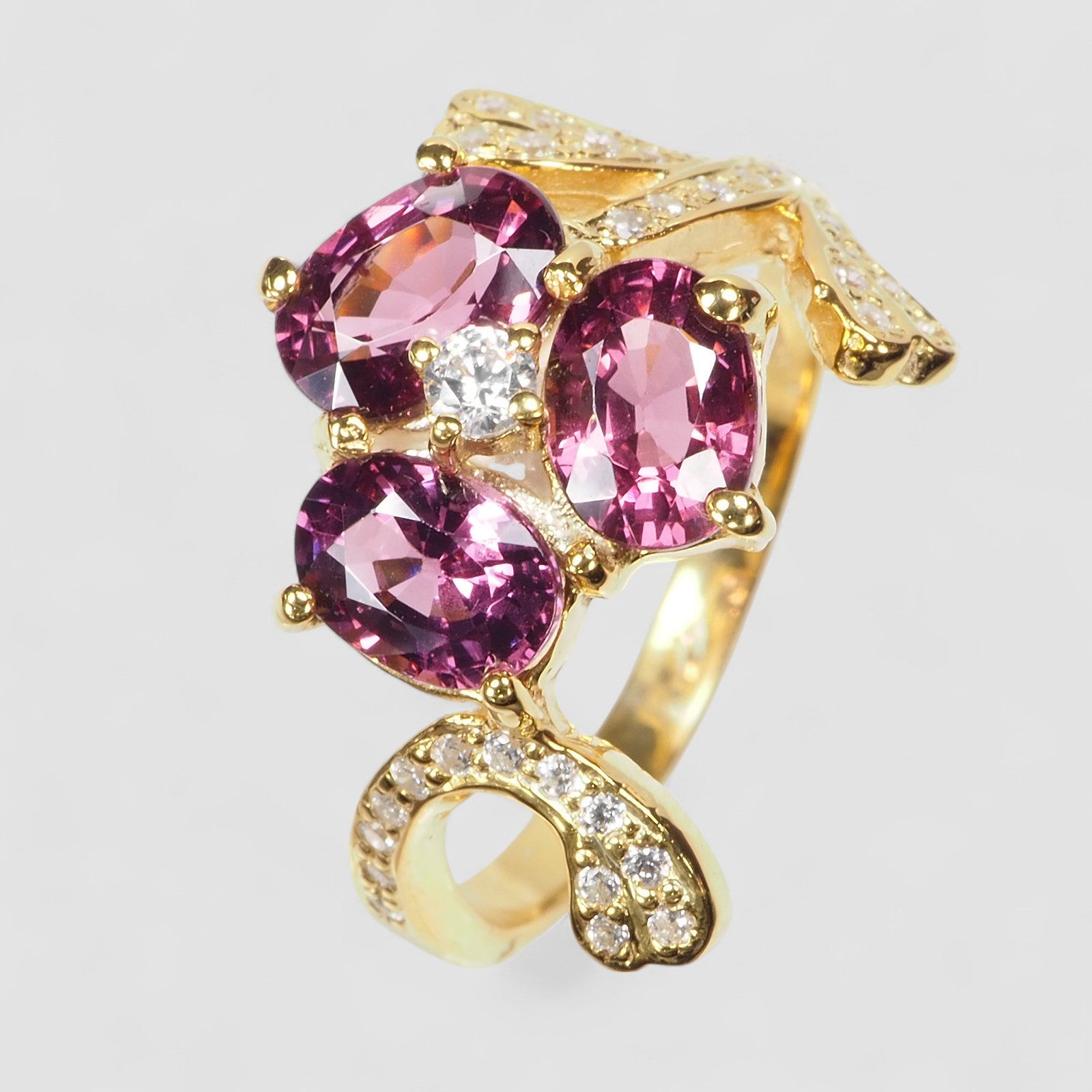 Three Stone Pink Spinel 925 Sterling Silver 24K Gold Ring