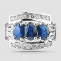 Three Stone Vivid Blue Sapphire 925 Sterling Silver Ring