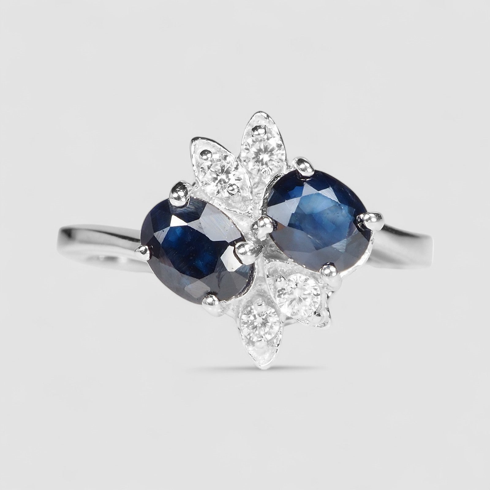 TWO STONE RING VIVID BLUE SAPPHIRE 925 SILVER FINE JEWELRY