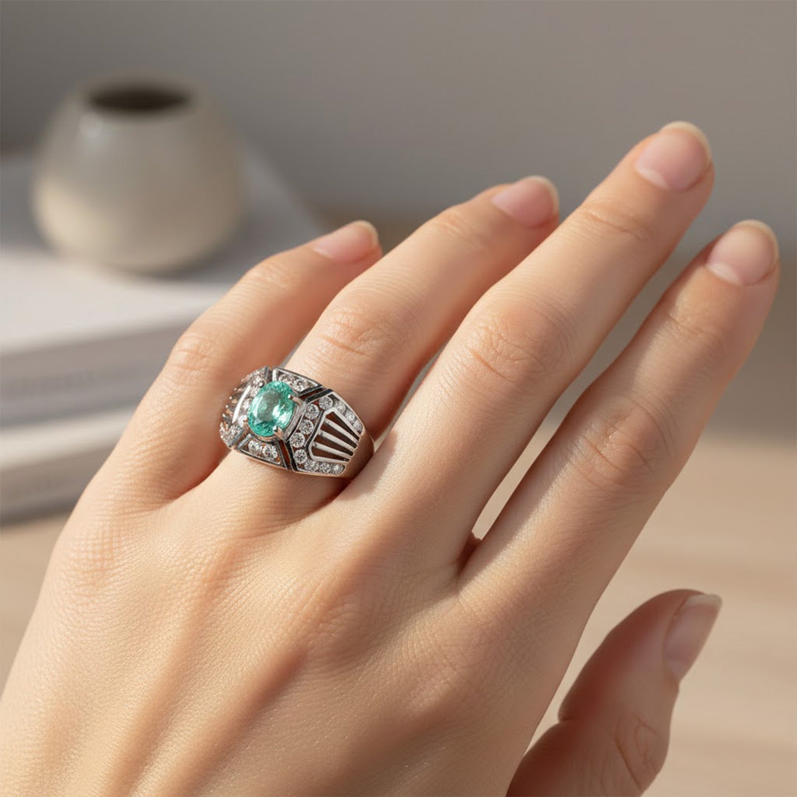 925 Sterling Silver Ring Green Emerald