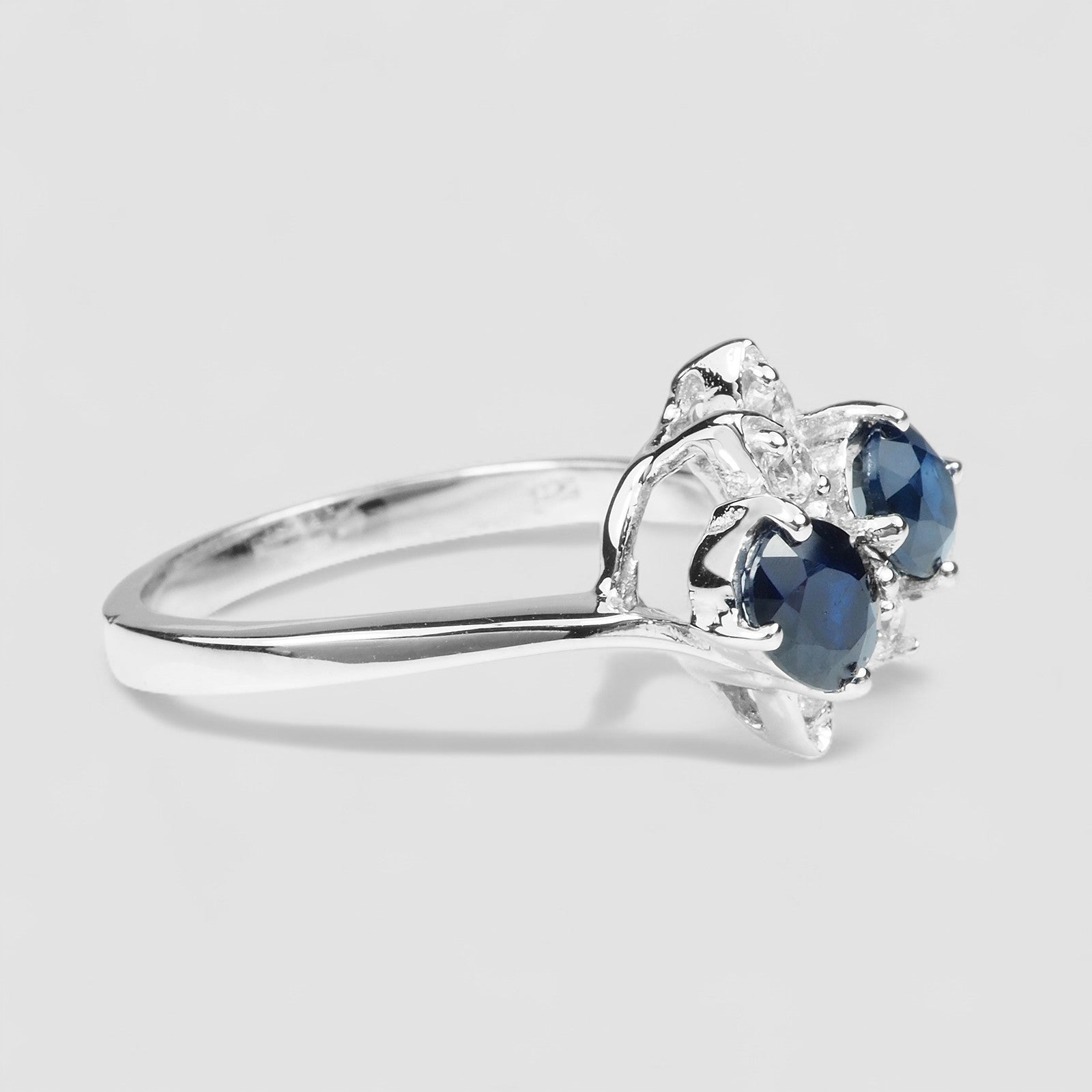TWO STONE RING VIVID BLUE SAPPHIRE 925 SILVER FINE JEWELRY