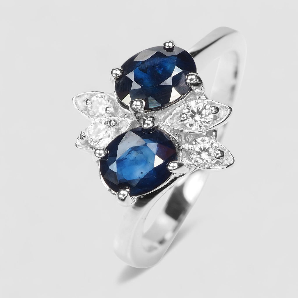 TWO STONE RING VIVID BLUE SAPPHIRE 925 SILVER FINE JEWELRY