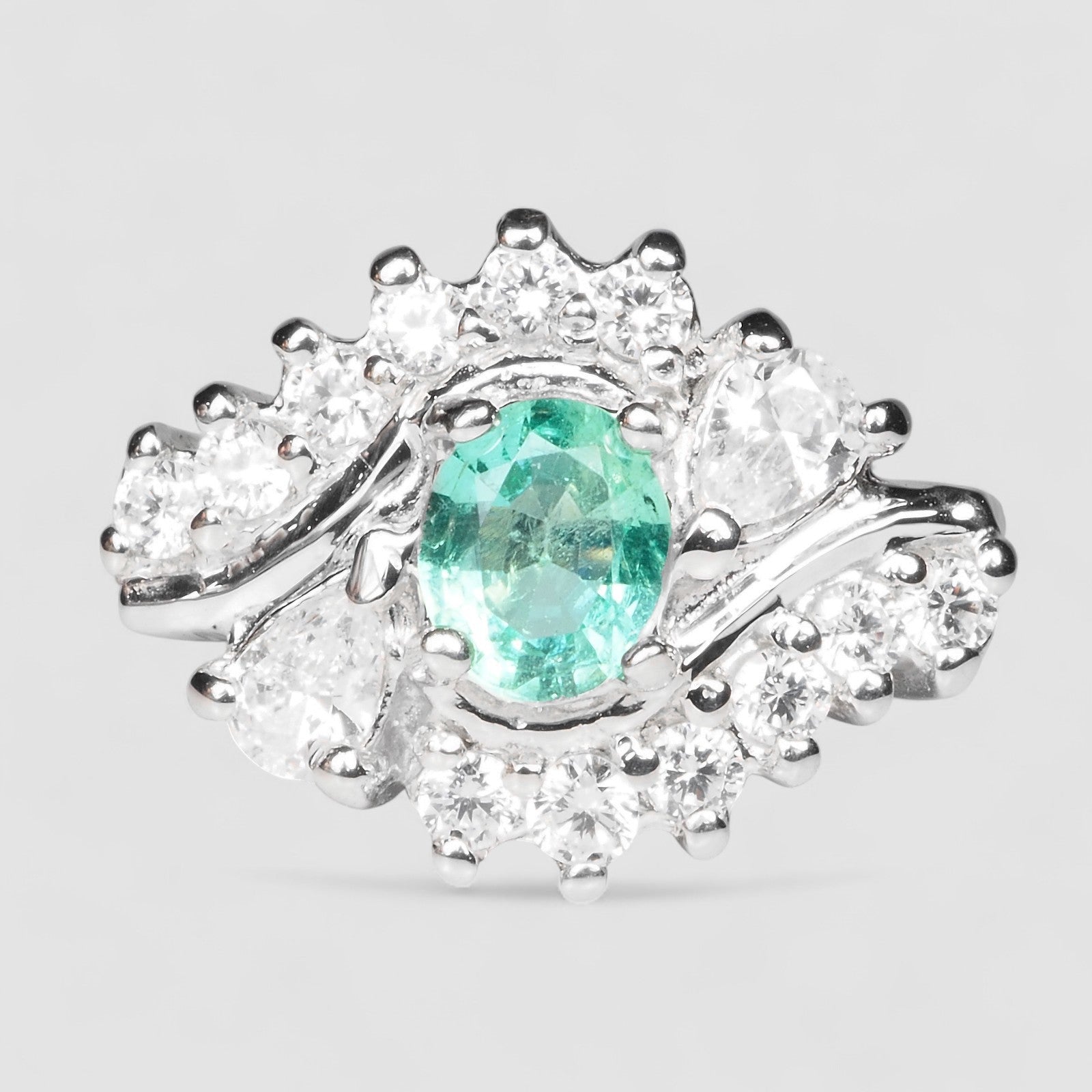 COLOMBIA EMERALD GREEN 925 STERLING SILVER WHITE GOLD RING