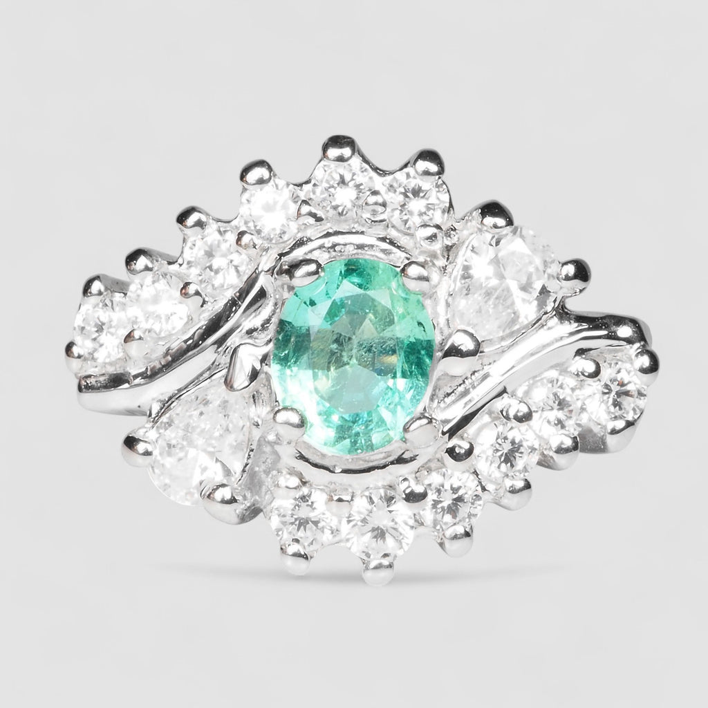 COLOMBIA EMERALD GREEN 925 STERLING SILVER WHITE GOLD RING