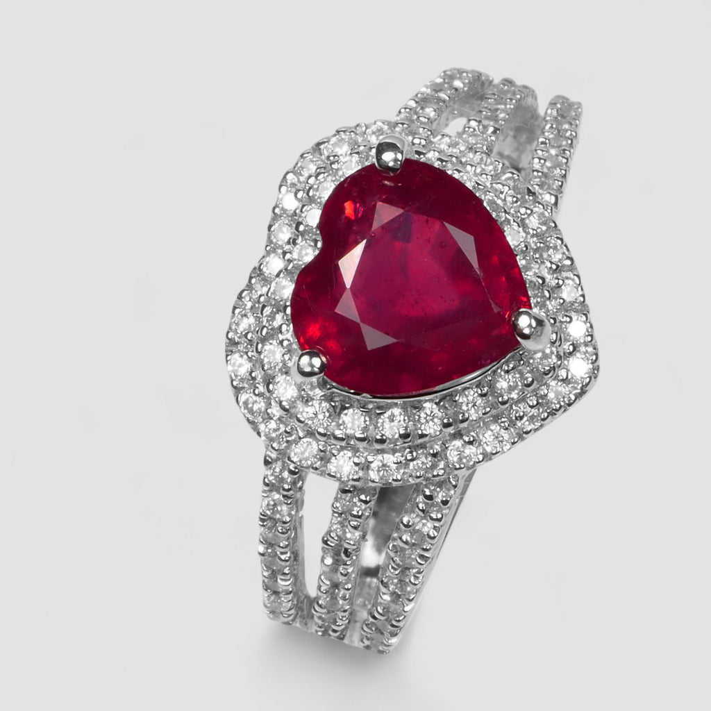 RED RUBY HEART 925 STERLING SILVER WHITE GOLD PLATED RING