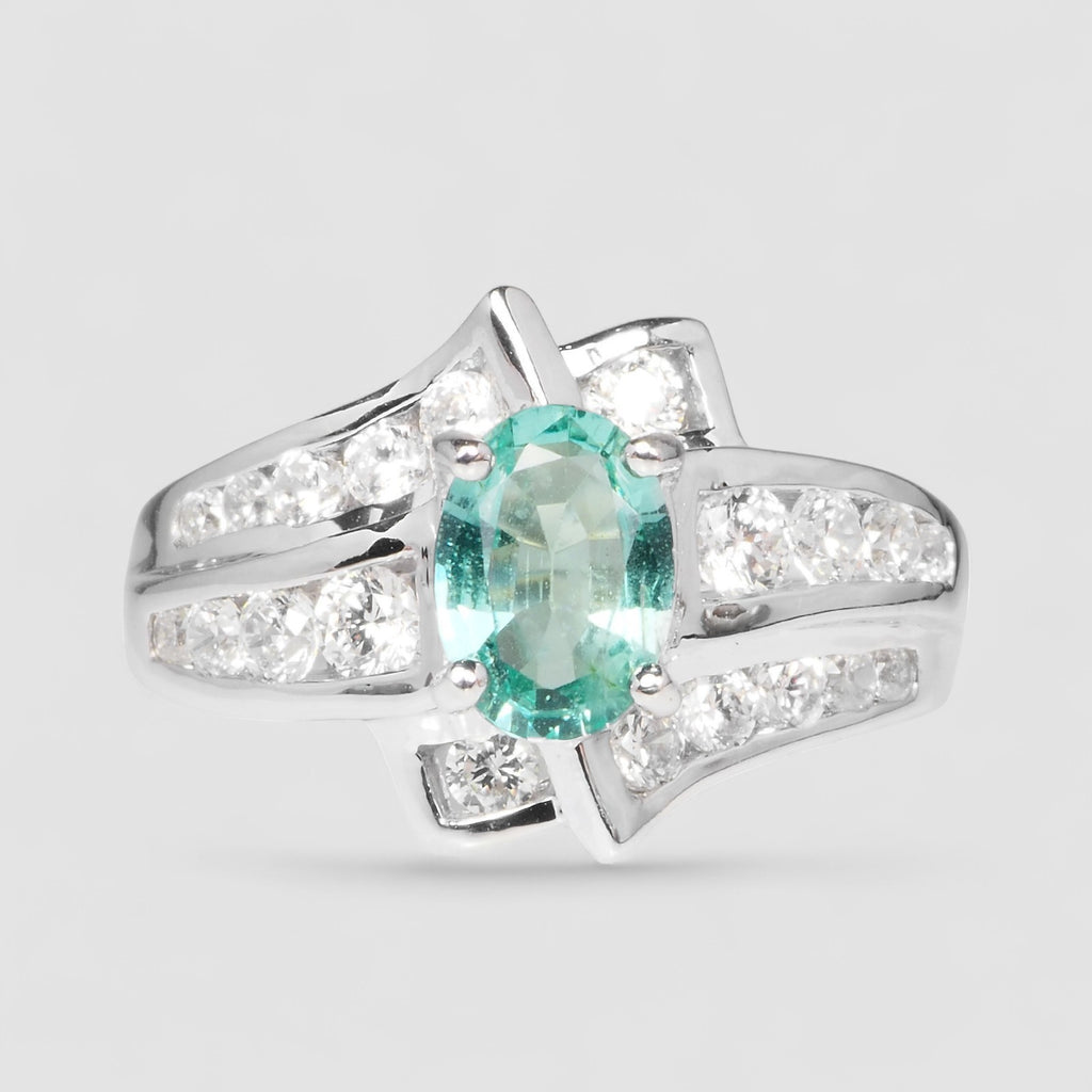 EMERALD GREEN WHITE GOLD RING 925 STERLING SILVER