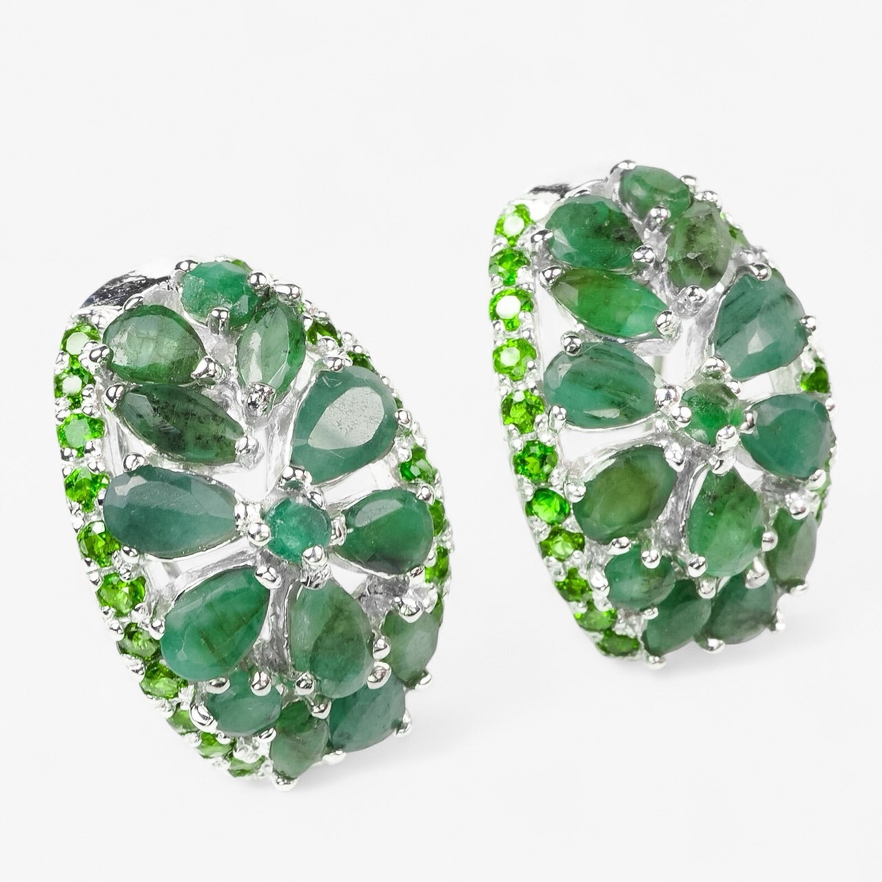 Green Emerald 925 Sterling Silver White Gold Earrings, Rhodium Plated, Tarnish Free