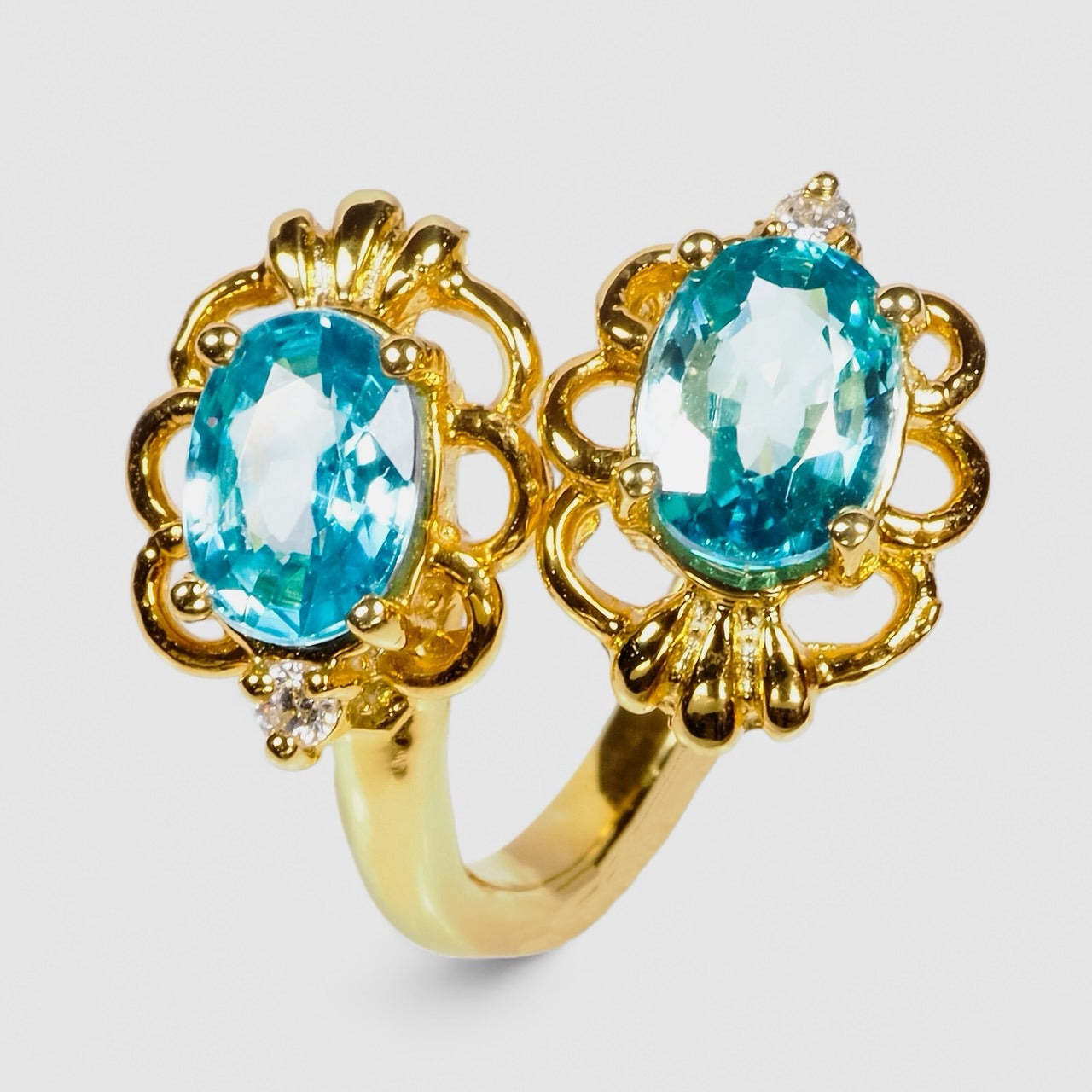 Two Stone Blue Zircon 925 Sterling Silver 24K Gold Ring