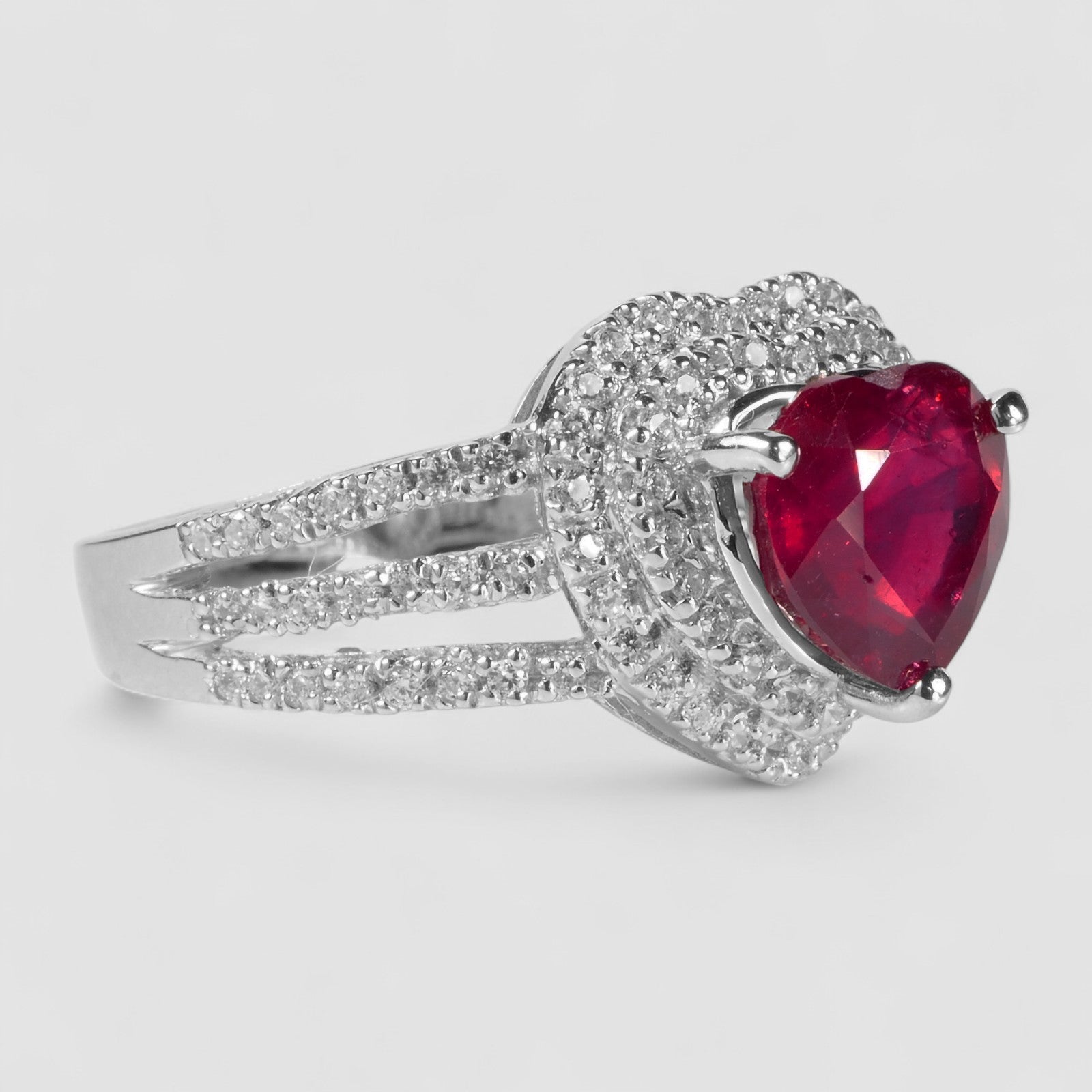 RED RUBY HEART 925 STERLING SILVER WHITE GOLD PLATED RING