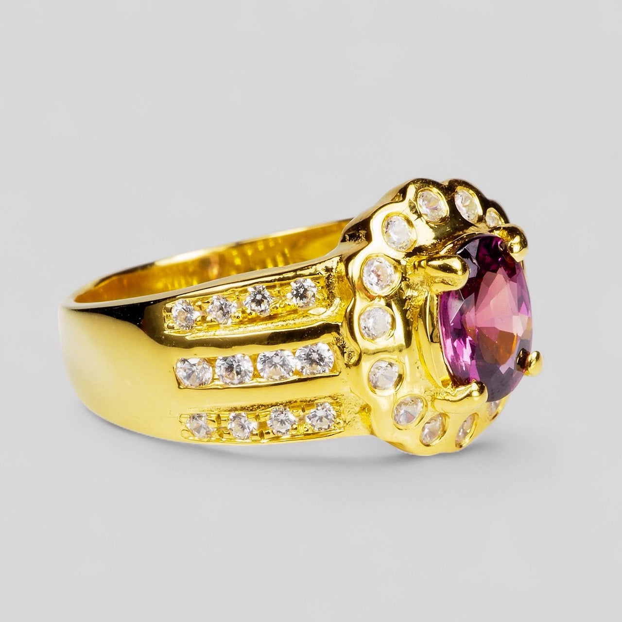Pink Rhodolite Garnet 925 Sterling Silver 24K Gold Ring