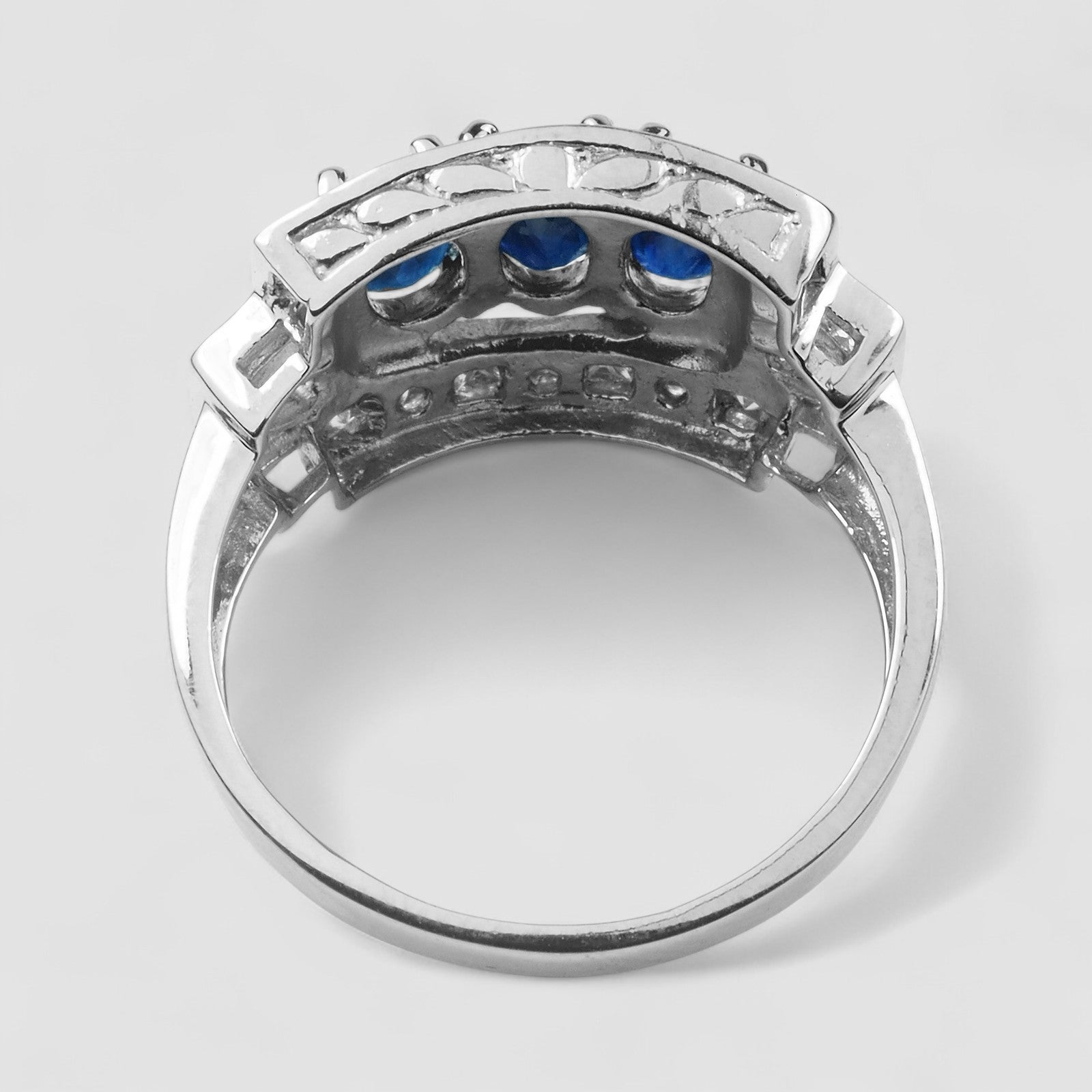Three Stone Vivid Blue Sapphire 925 Sterling Silver Ring