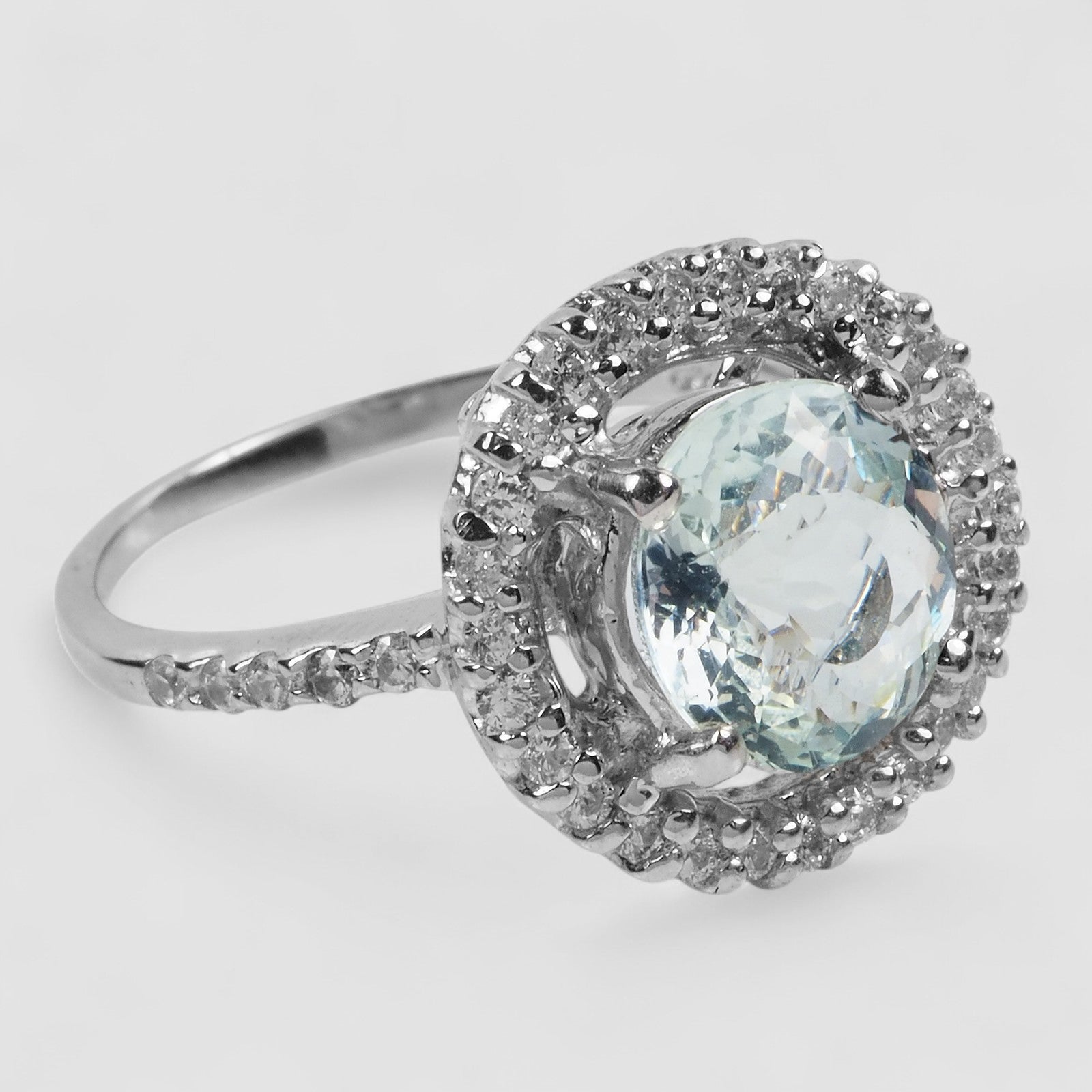 WHITE GOLD PLATED 925 STERLING SILVER RING BLUE AQUAMARINE