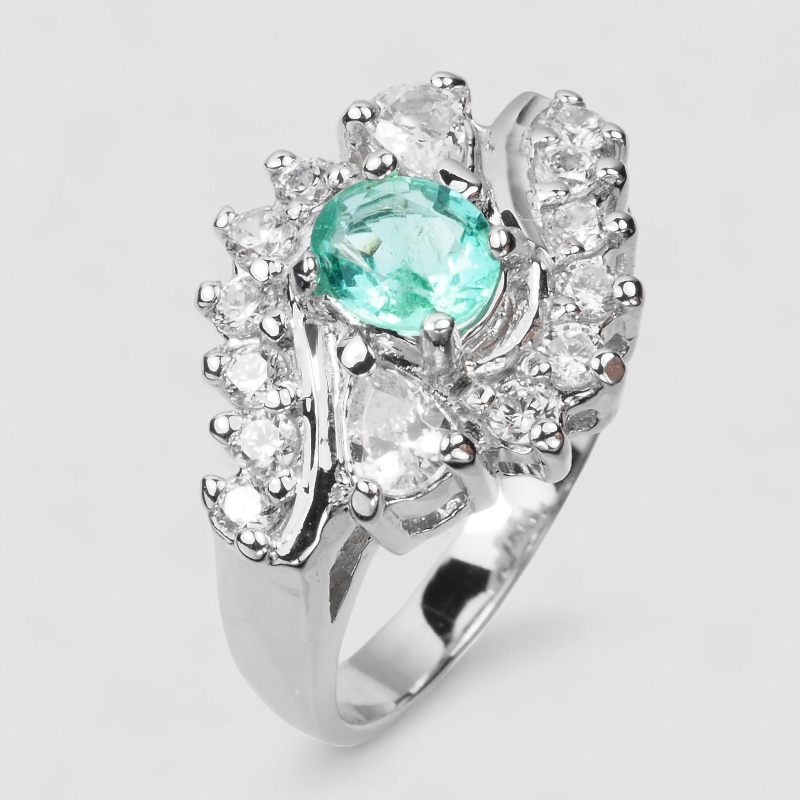 COLOMBIA EMERALD GREEN 925 STERLING SILVER WHITE GOLD RING