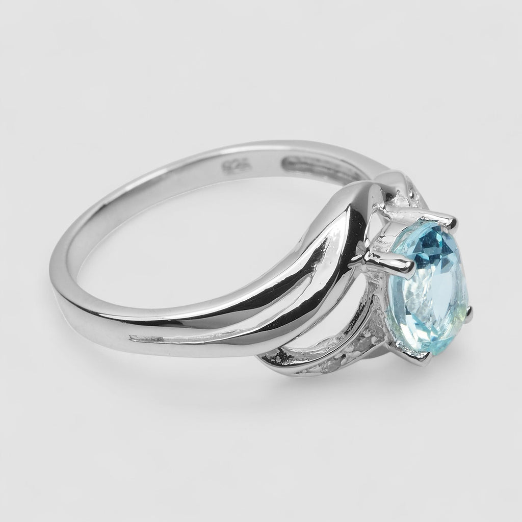 BLUE AQUAMARINE 925 STERLING SILVER WHITE GOLD PLATED RING
