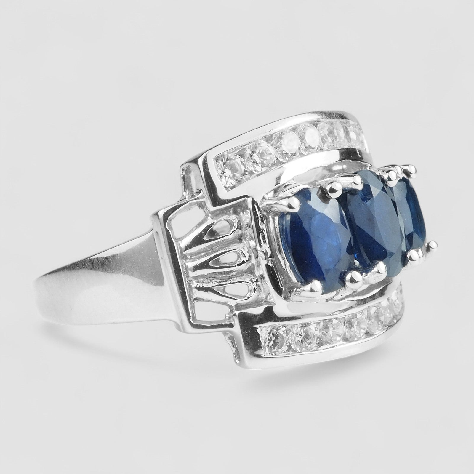 Three Stone Vivid Blue Sapphire 925 Sterling Silver Ring