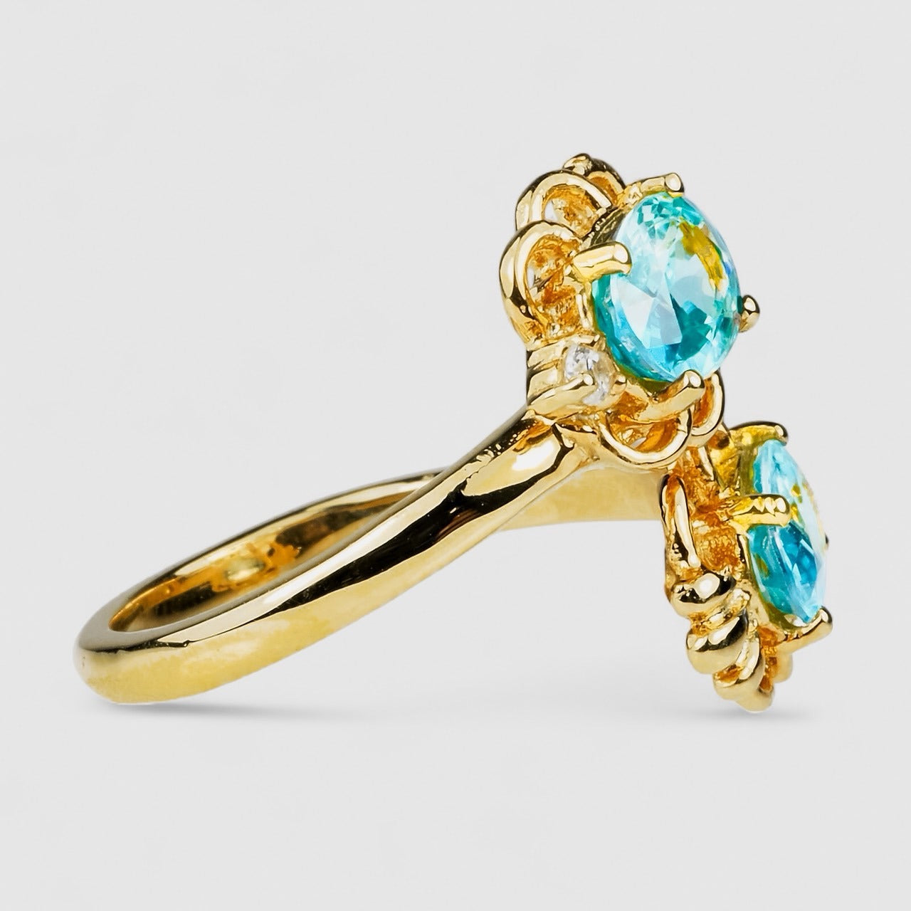 Two Stone Blue Zircon 925 Sterling Silver 24K Gold Ring