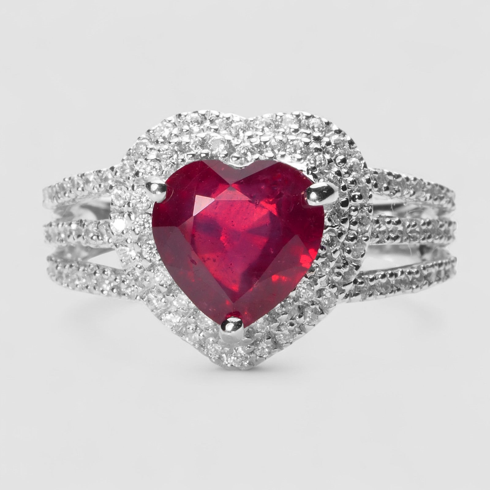 RED RUBY HEART 925 STERLING SILVER WHITE GOLD PLATED RING