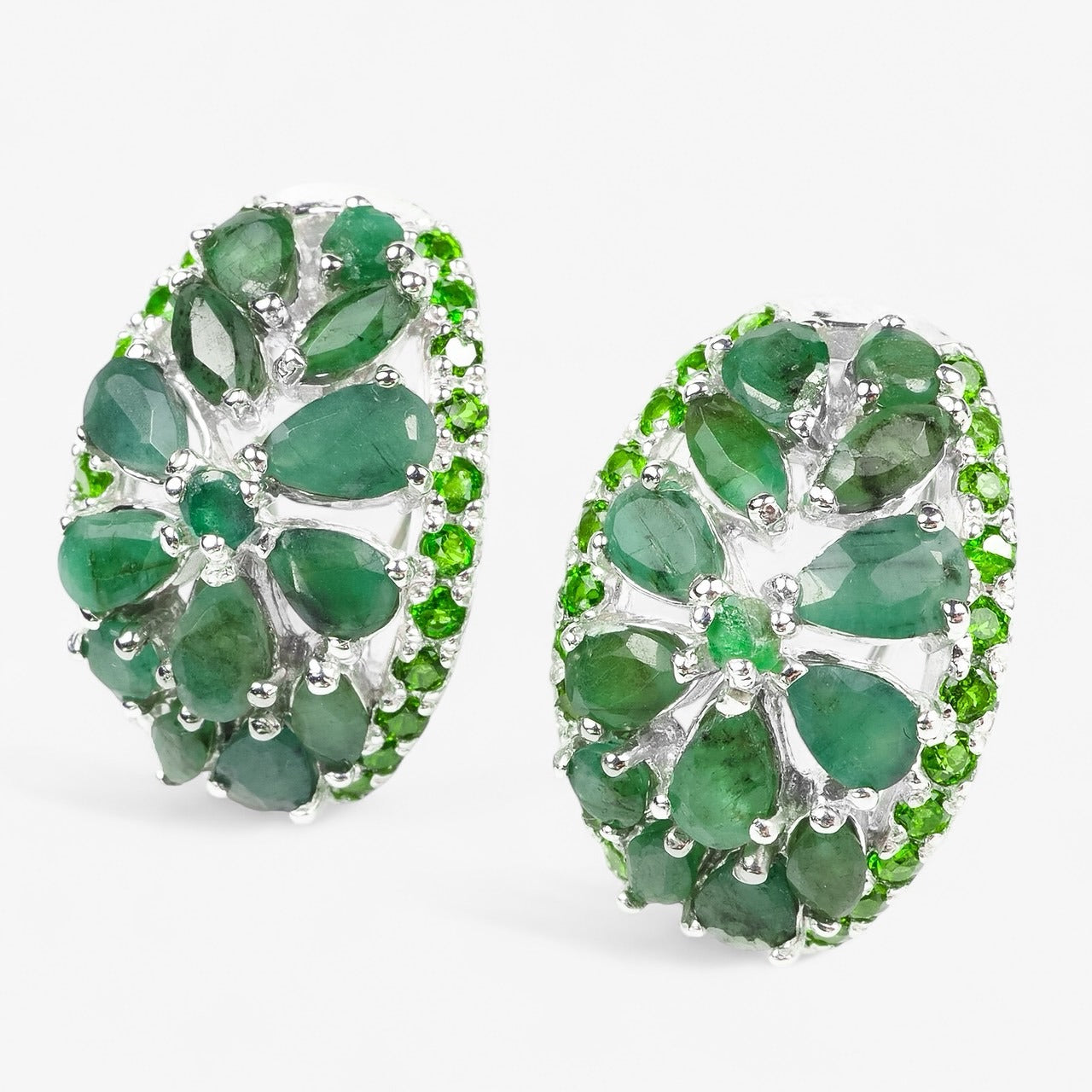 Green Emerald 925 Sterling Silver White Gold Earrings, Rhodium Plated, Tarnish Free
