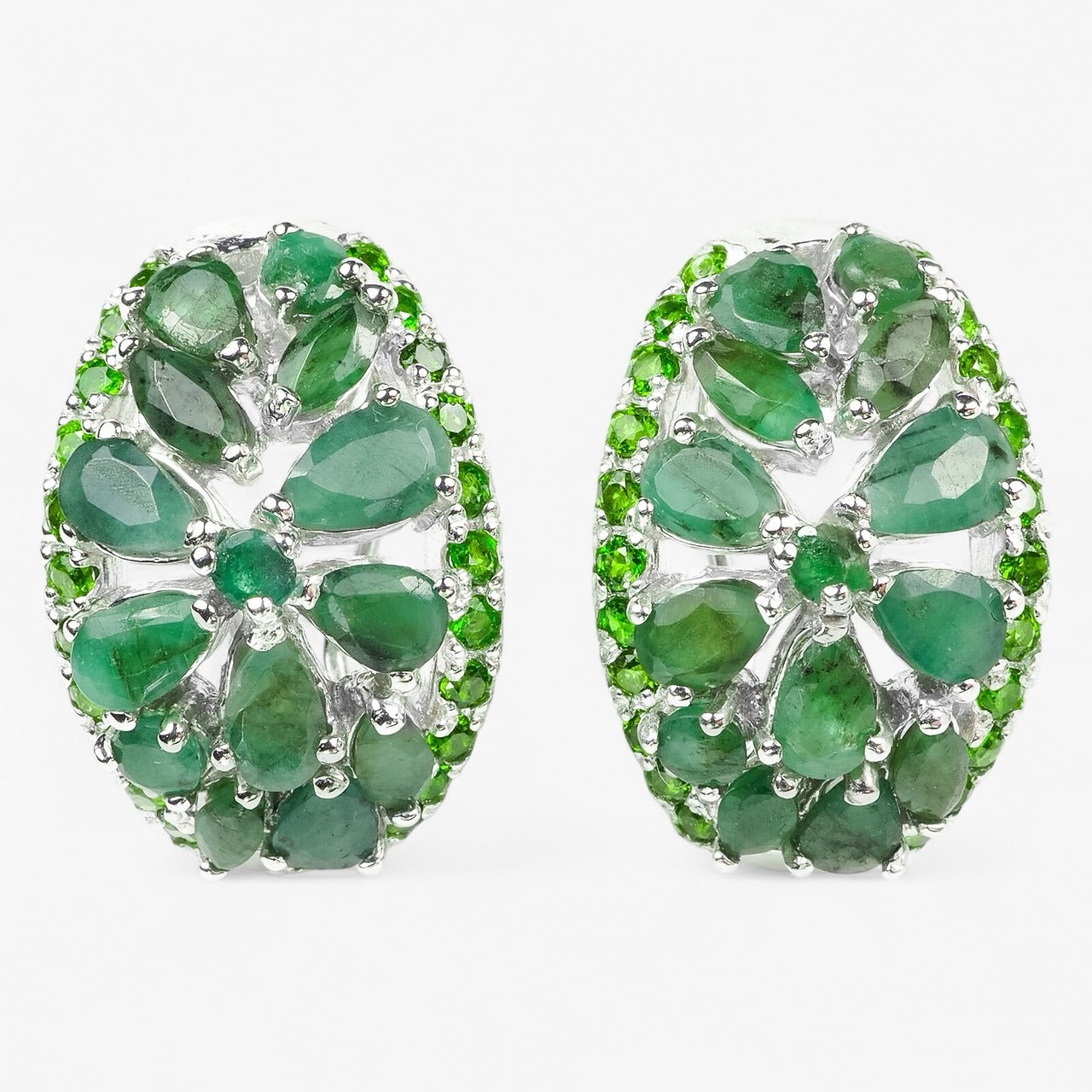 Green Emerald 925 Sterling Silver White Gold Earrings, Rhodium Plated, Tarnish Free