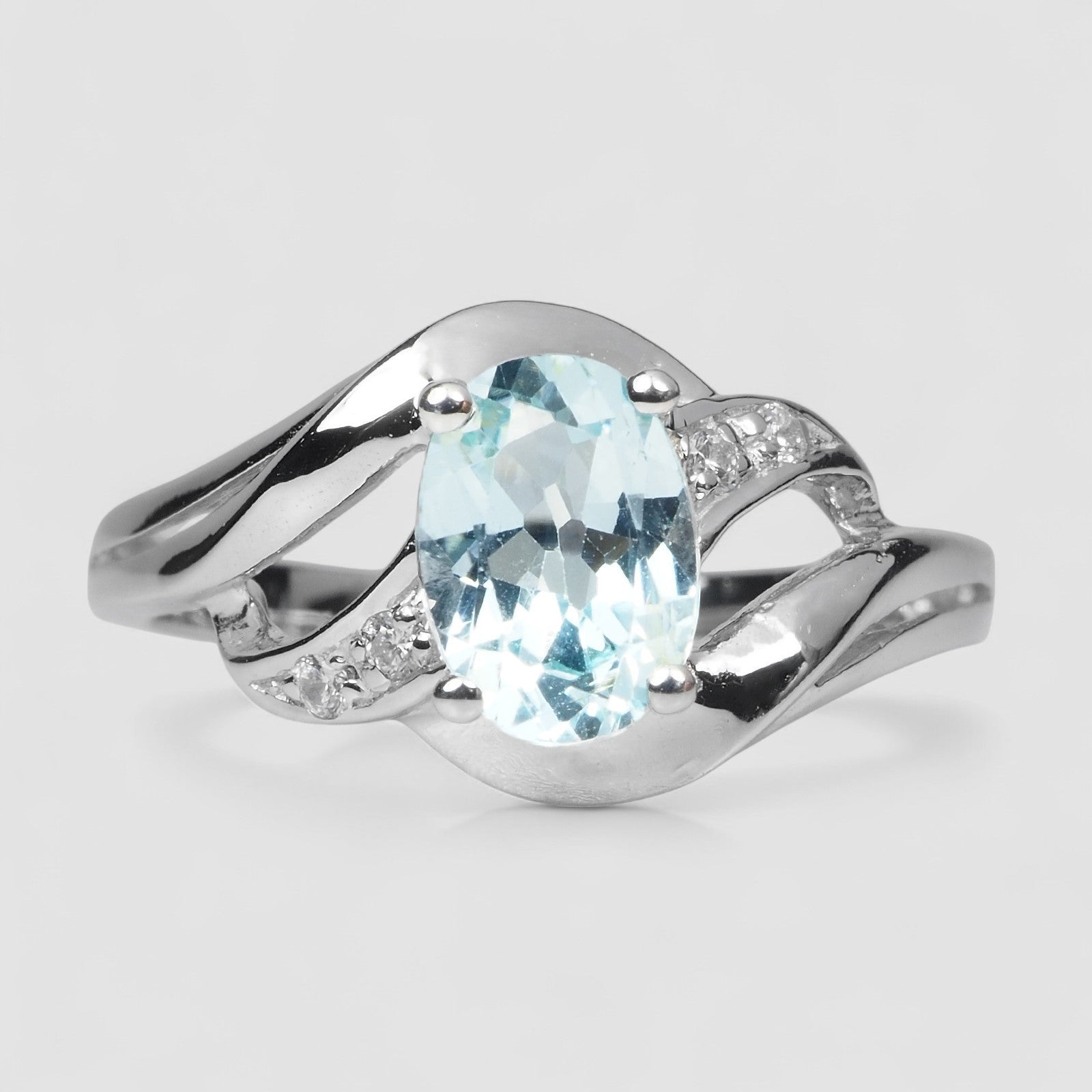 BLUE AQUAMARINE 925 STERLING SILVER WHITE GOLD PLATED RING