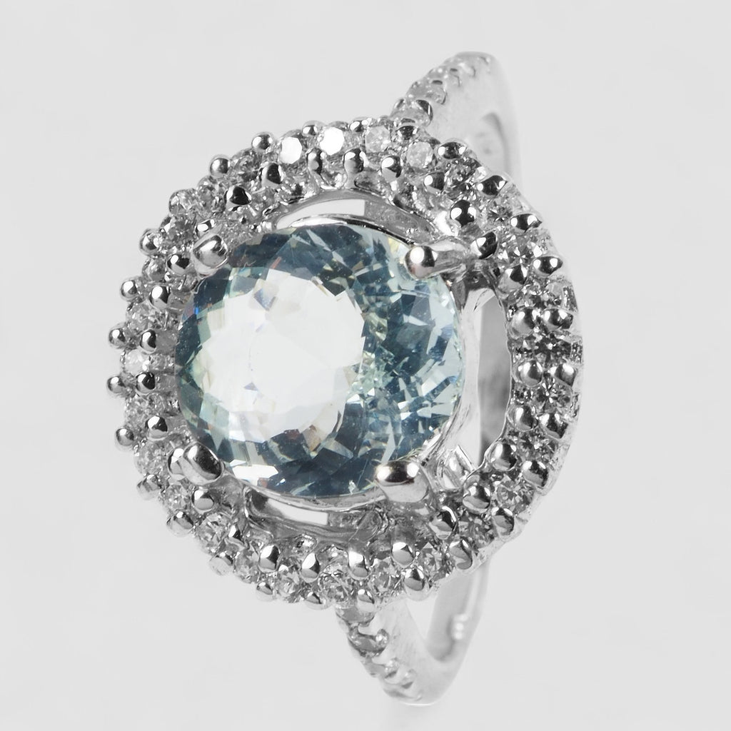 WHITE GOLD PLATED 925 STERLING SILVER RING BLUE AQUAMARINE