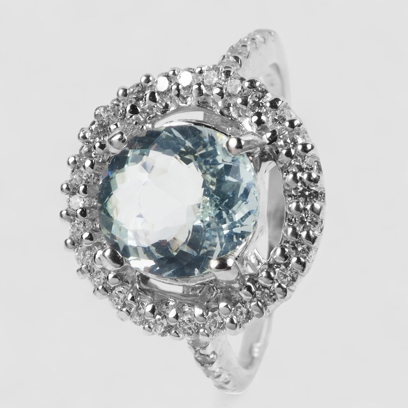 WHITE GOLD PLATED 925 STERLING SILVER RING BLUE AQUAMARINE