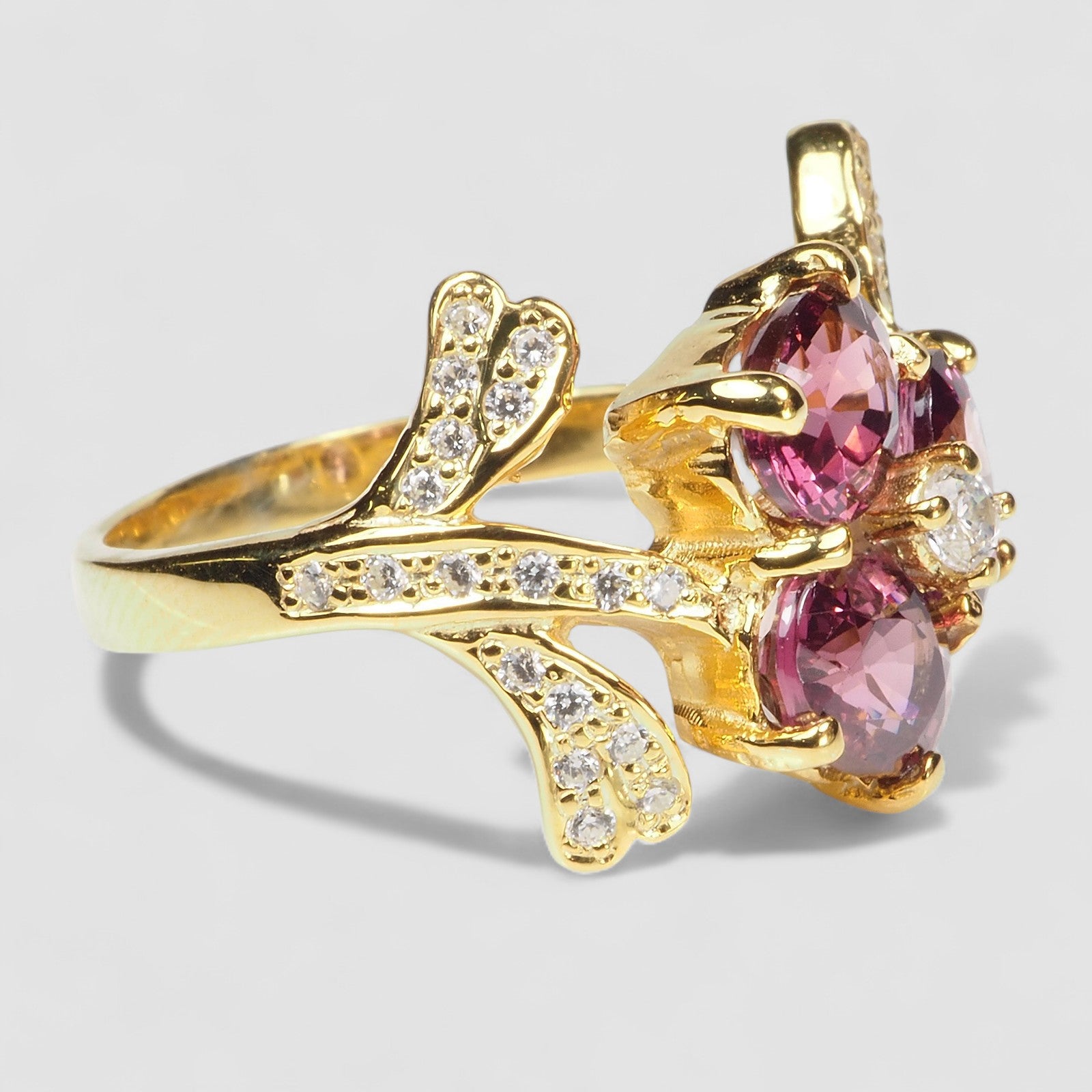 Three Stone Pink Spinel 925 Sterling Silver 24K Gold Ring