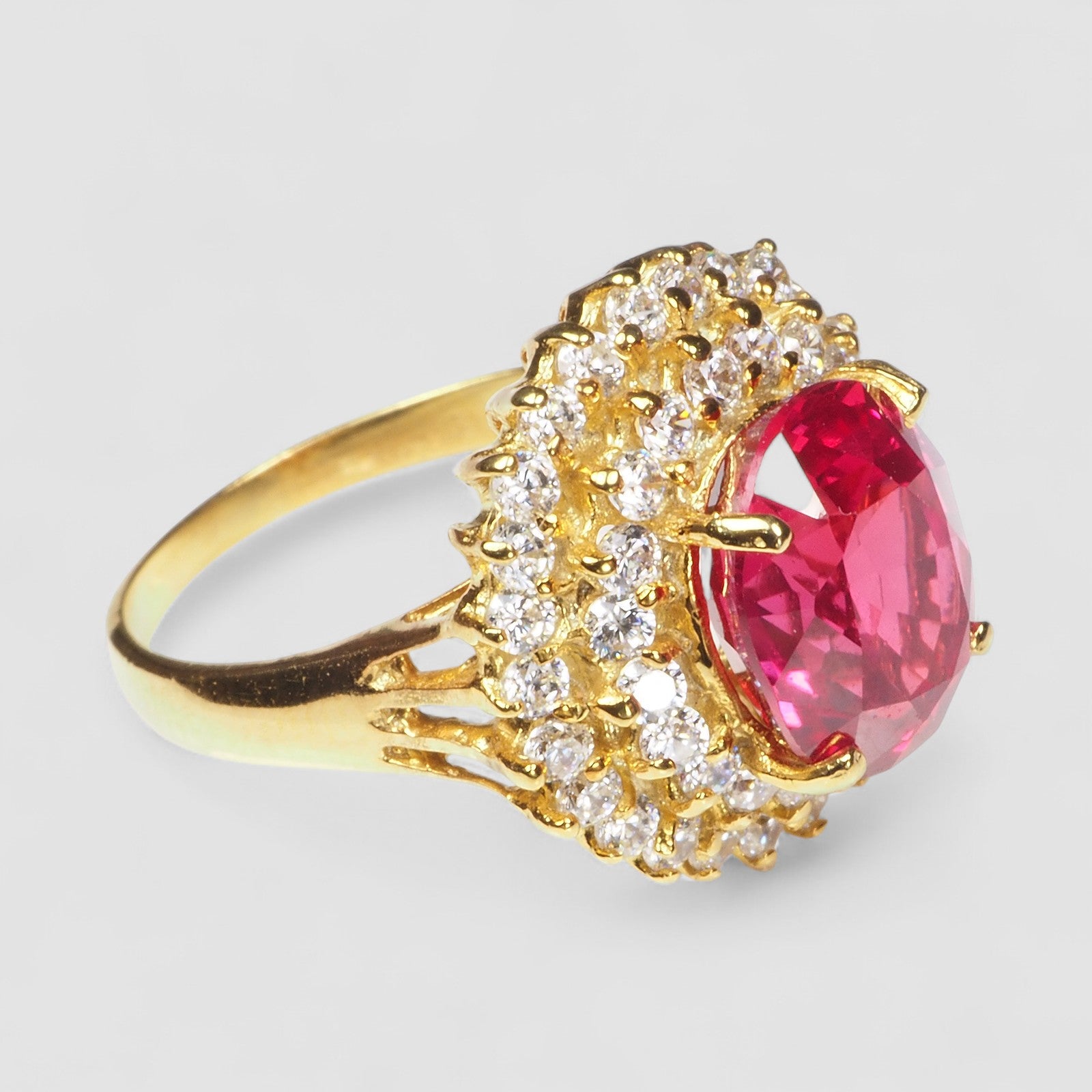 PINKISH RED RUBELLITE 925 STERLING SILVER 24K GOLD HALO RING