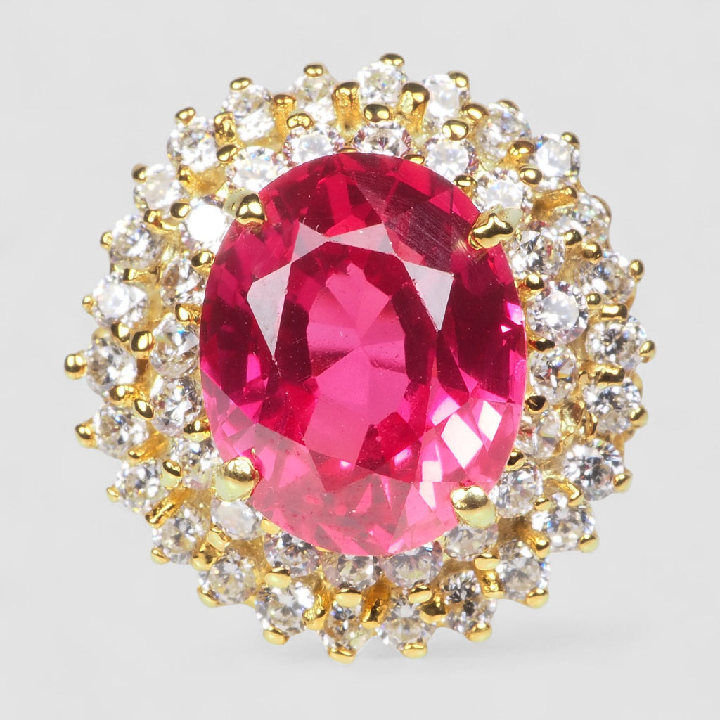 PINKISH RED RUBELLITE 925 STERLING SILVER 24K GOLD HALO RING