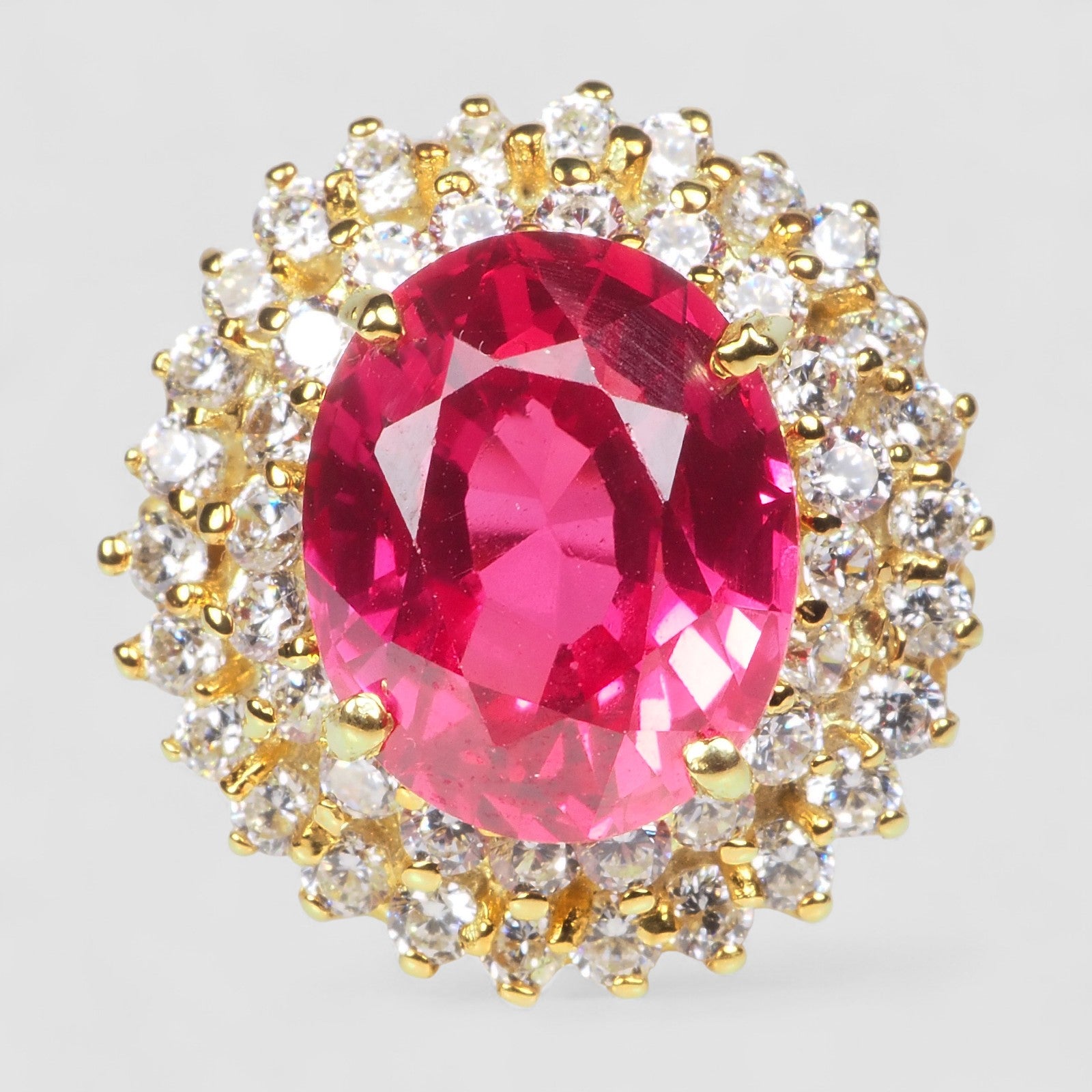 PINKISH RED RUBELLITE 925 STERLING SILVER 24K GOLD HALO RING