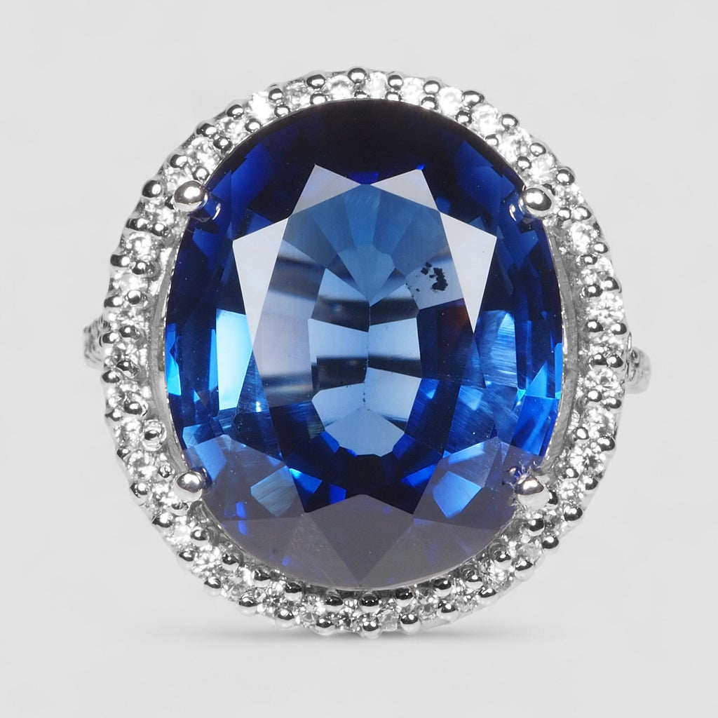 HANDMADE BLUE SAPPHIRE 925 STERLING SILVER HALO RING