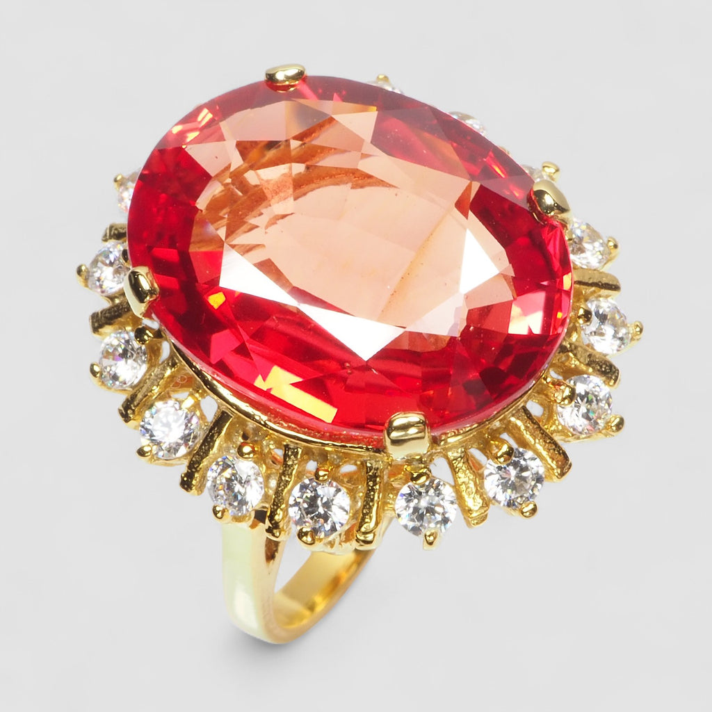 24K GOLD 925 STERLING SILVER RING ORANGE RED SAPPHIRE