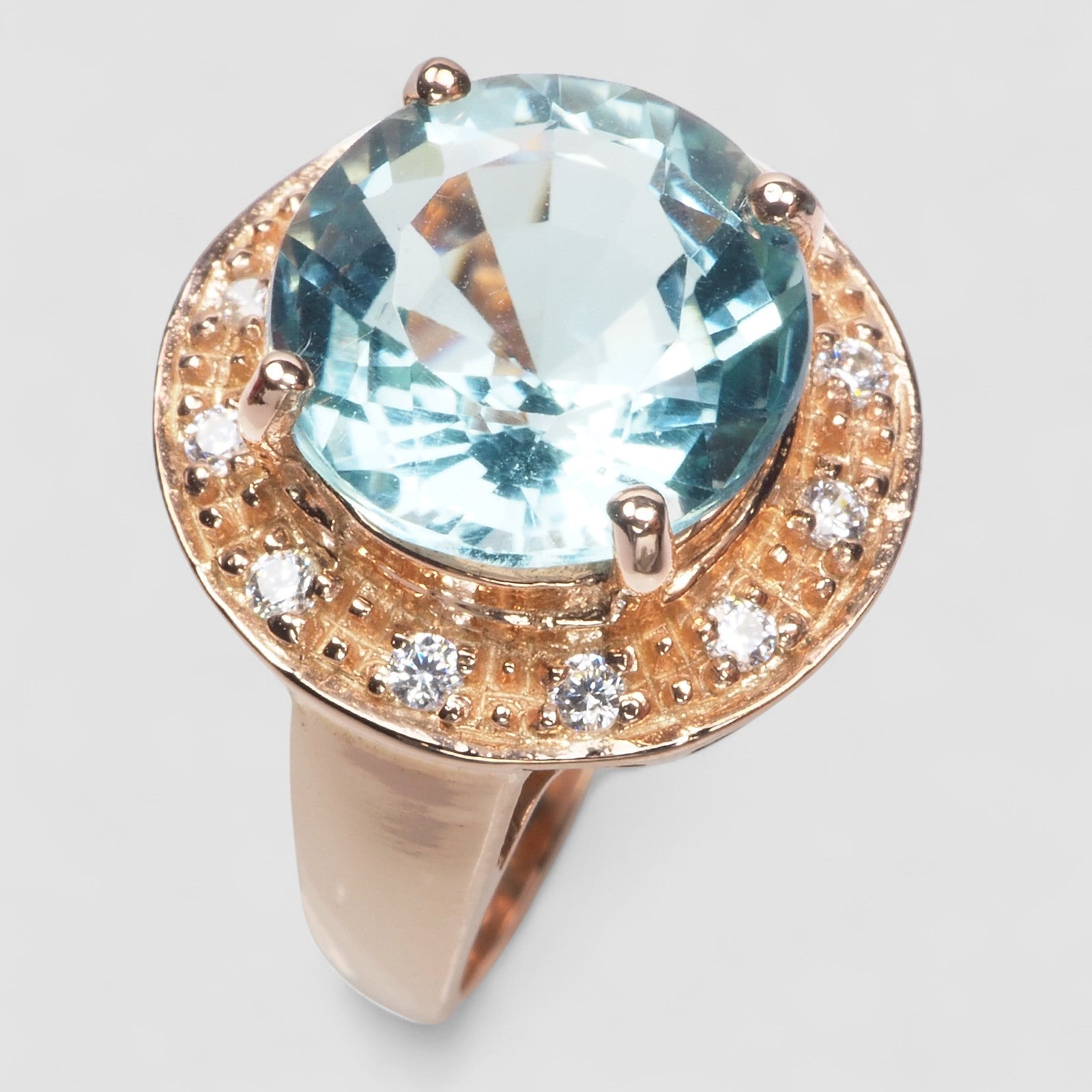 BLUE AQUAMARINE ROSE GOLD 925 STERLING SILVER RING