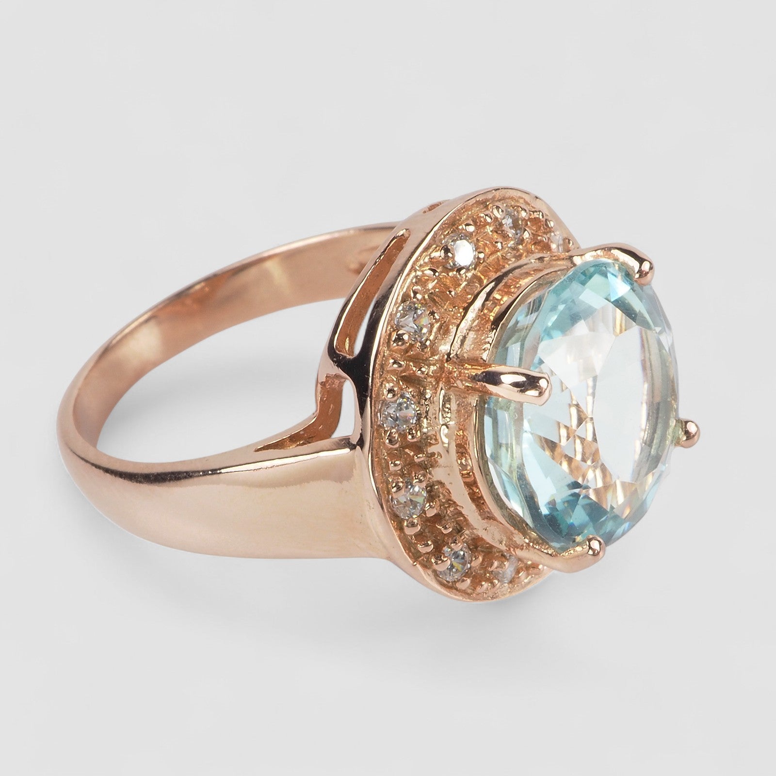 BLUE AQUAMARINE ROSE GOLD 925 STERLING SILVER RING
