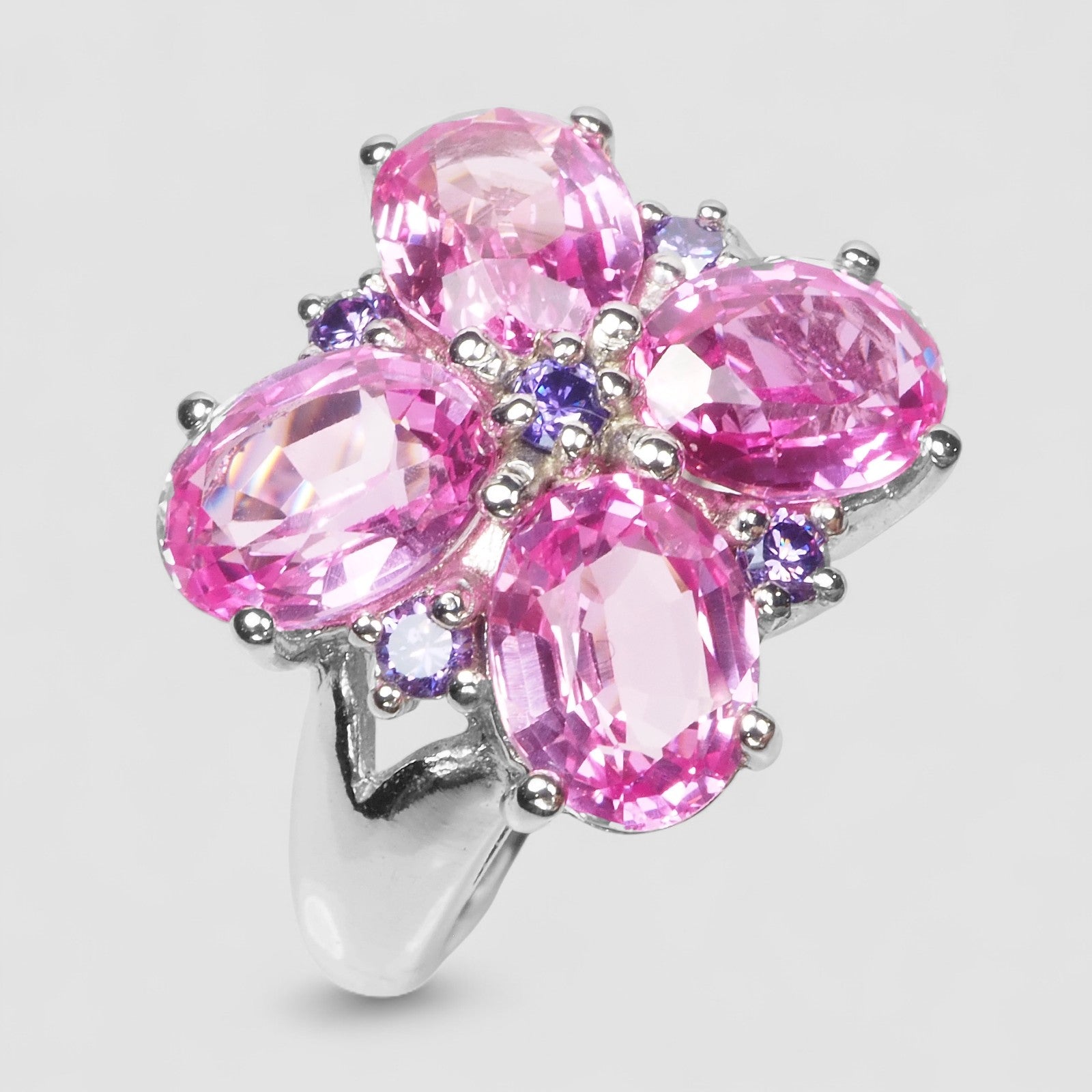FLOWER RING-PINK SAPPHIRE 925 STERLING SILVER WHITE GOLD RING