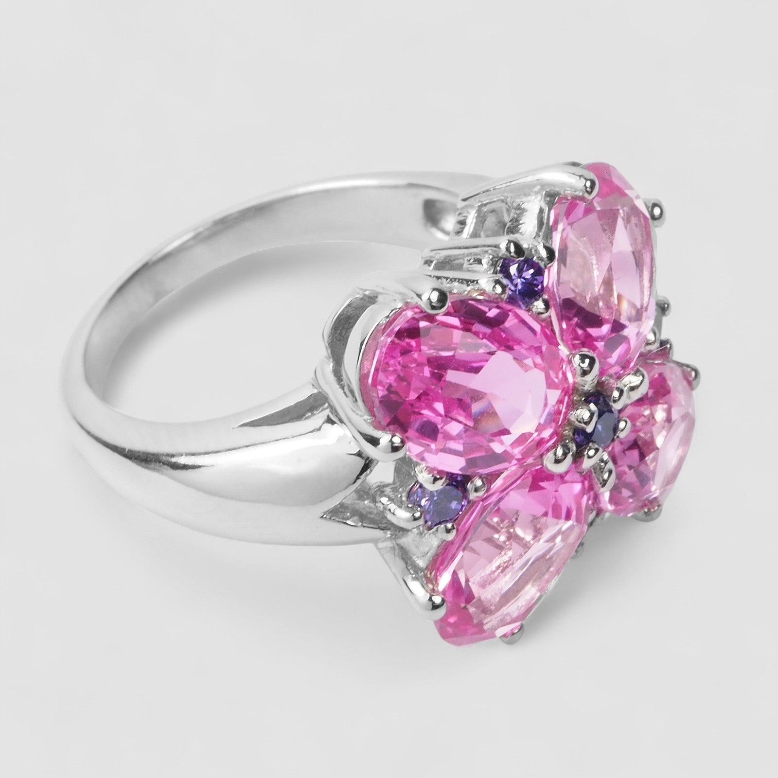 FLOWER RING-PINK SAPPHIRE 925 STERLING SILVER WHITE GOLD RING