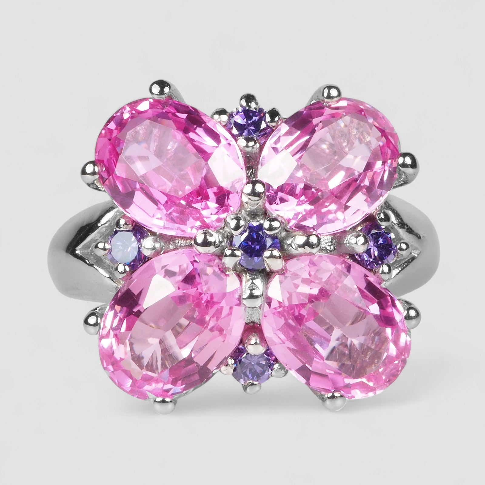 FLOWER RING-PINK SAPPHIRE 925 STERLING SILVER WHITE GOLD RING