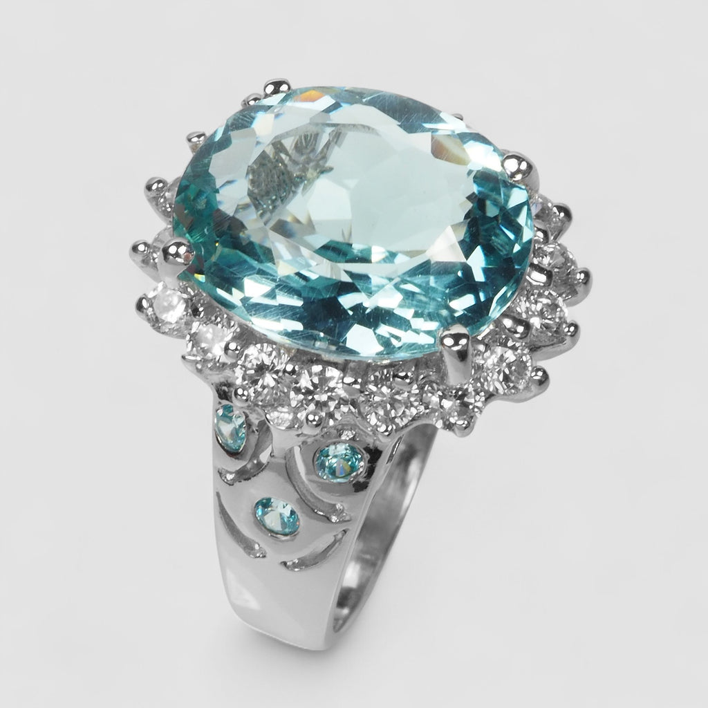 BLUE AQUAMARINE 925 STERLING SILVER WHITE GOLD RING