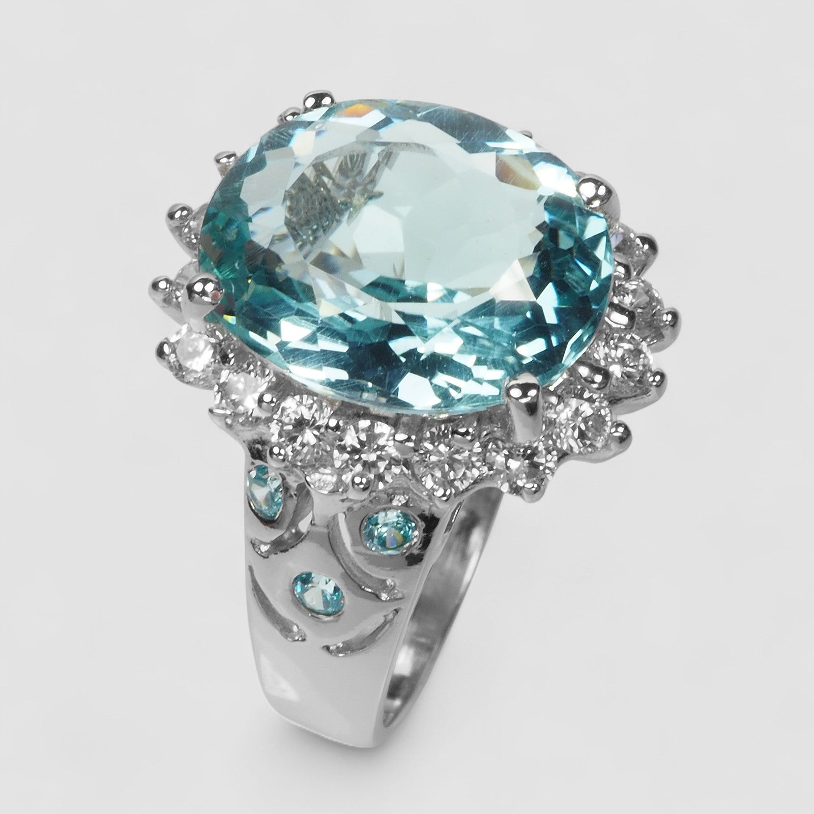 BLUE AQUAMARINE 925 STERLING SILVER WHITE GOLD RING