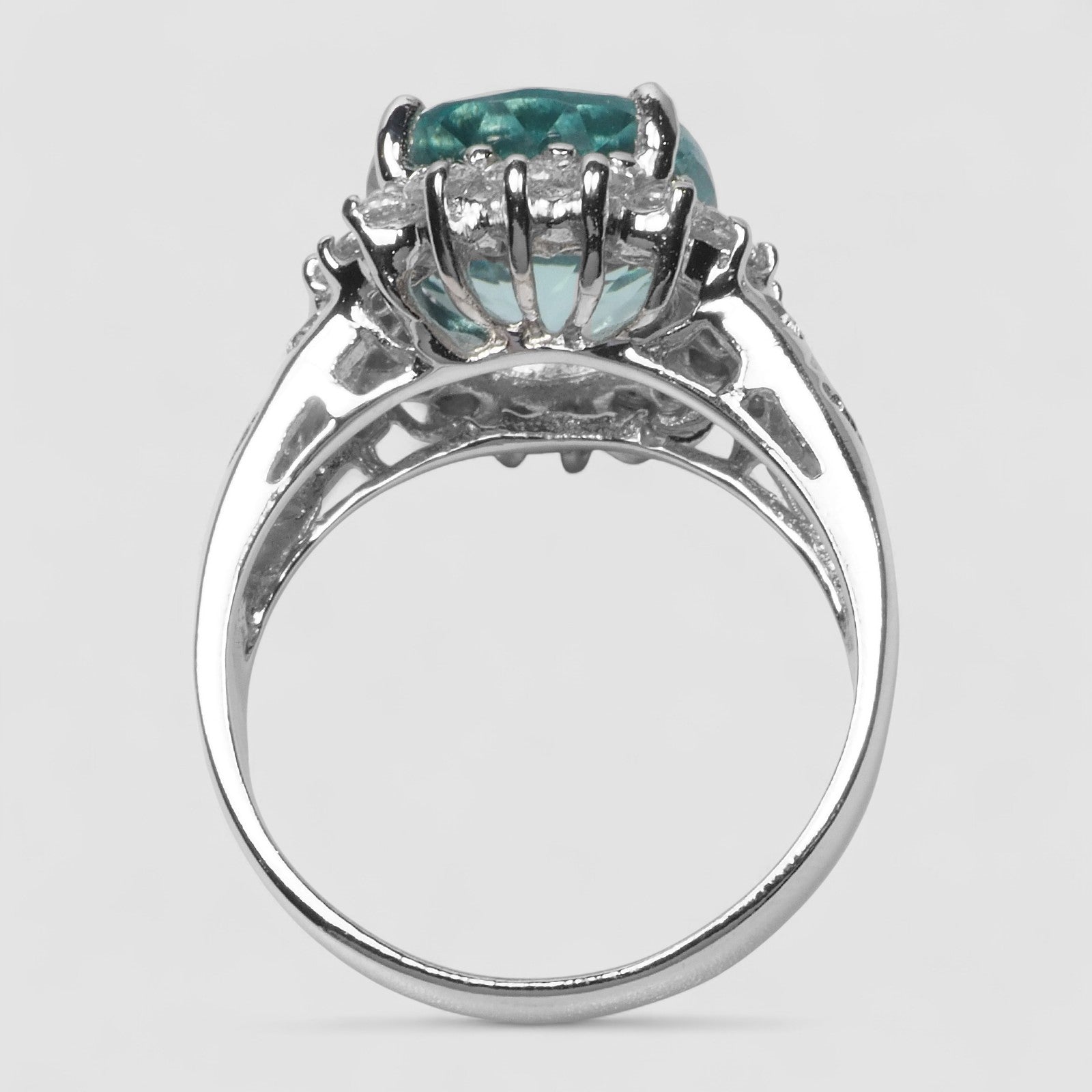 BLUE AQUAMARINE 925 STERLING SILVER WHITE GOLD RING